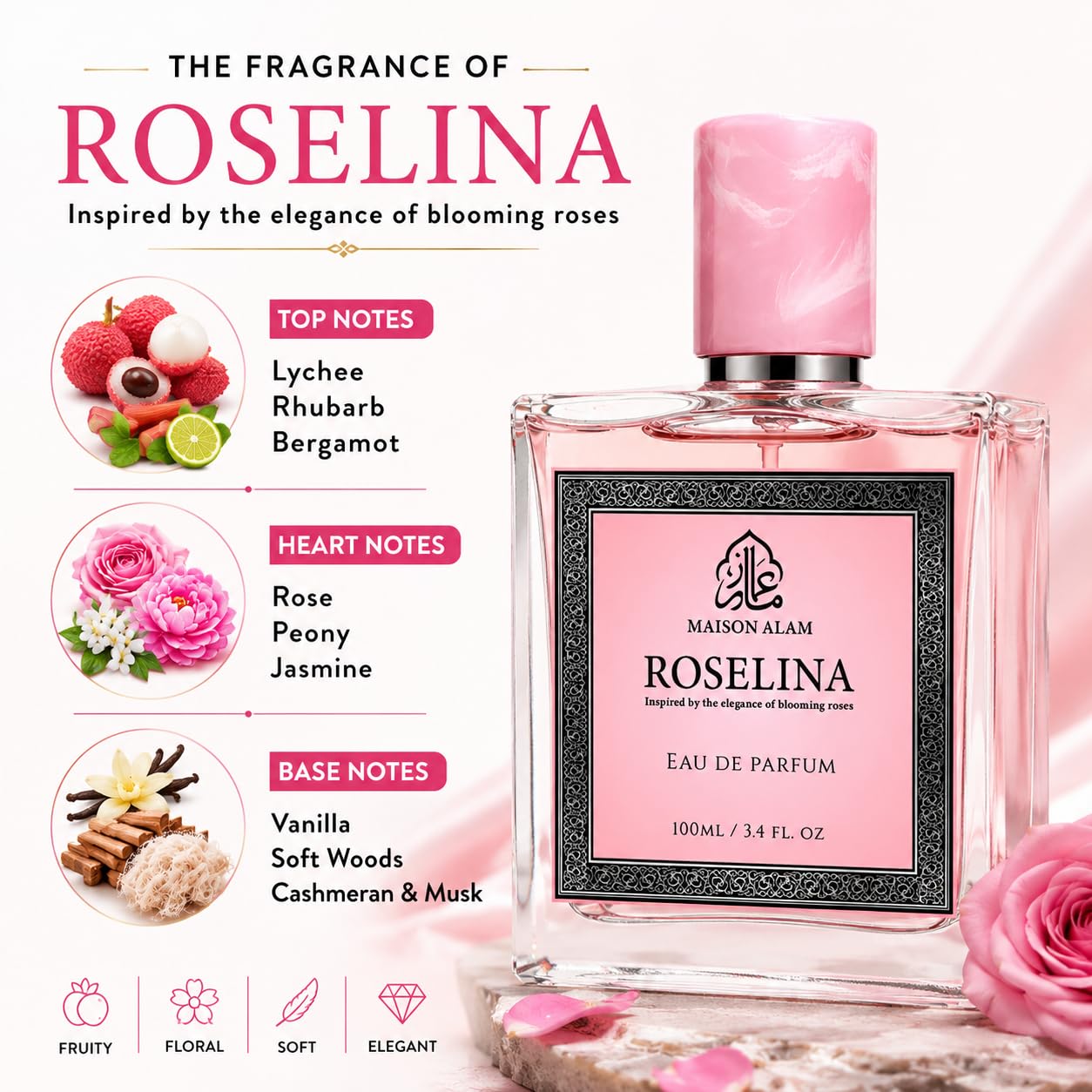 Maison Alam Roselina Long Lasting Perfume for Women, Eau De Parfum, 100 ml | Floral Fruity Arabian Perfume for Women with Rose, Lychee, Rhubarb, Bergamot, Vanilla, Musk & Cashmeran Notes, Luxury Perfume