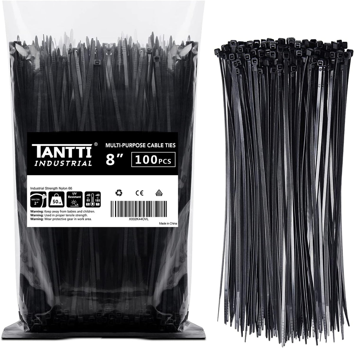 Zip Ties 8 inch Black Zip Ties with 50 Pounds Tensile Strength,Cable Ties,100 Pack, by Tantti Supply