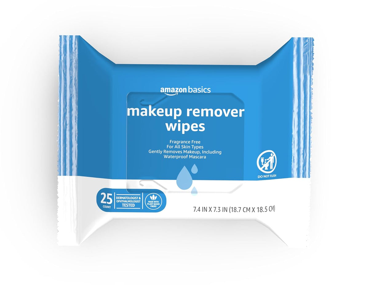 Amazon Basics Makeup Remover Wipes, Fragrance-Free, Alcohol-Free, Gentle Cleansing, Dermatologist Tested, Removes Waterproof Mascara, Resealable, 25 Count, 1-Pack