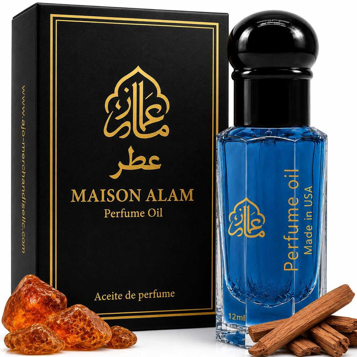 Perfume oil roll-on, Maison Alam Coastal Cedar, in a blue glass bottle with black cap and gold lettering