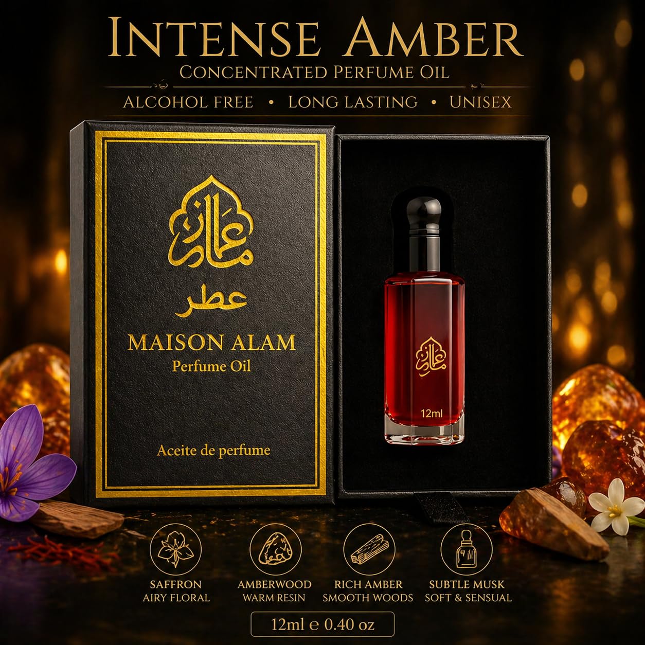 Maison Alam Intense Amber Roll On Perfume Oil for Men & Women 12ml(0.40 oz) | Alcohol-Free Travel Body Oil, Long Lasting Fragrance Inspired by Baccarat Rouge 540, Saffron Jasmine Amber Woody Notes