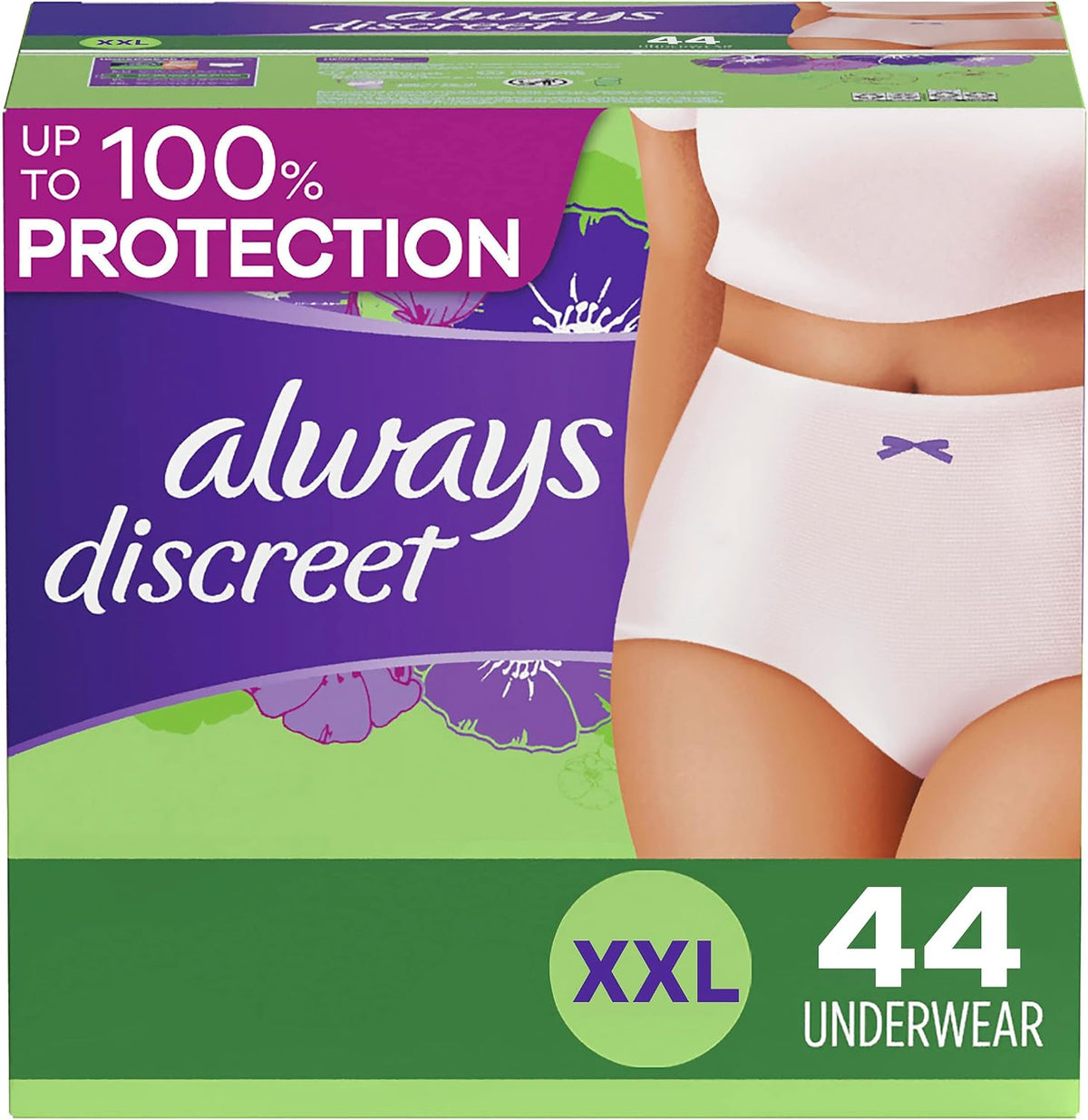 Always Discreet Adult Incontinence & Postpartum Underwear For Women, Size Xxl, Maximum Absorbency, Disposable, 22 x 2 Packs (44 Count total) (Packaging May Vary)