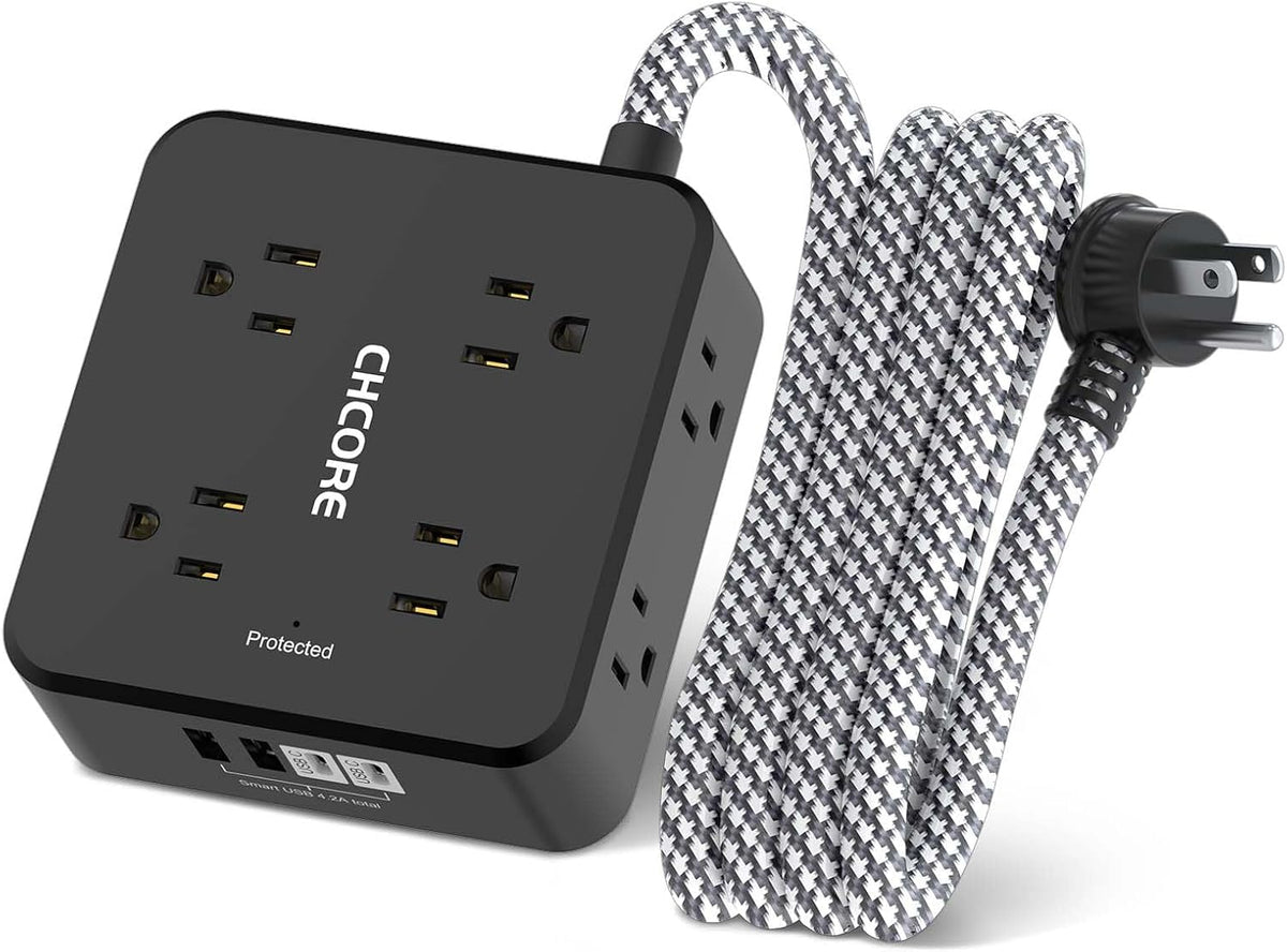 Surge Protector Power Strip - CHCORE 6Ft Braided Extension Cord with 8 Outlets with 4 USB (2 USB C) Charging Ports, Flat Plug Multi Plug Outlet Extender Charging Station for Home Office, ETL, Black