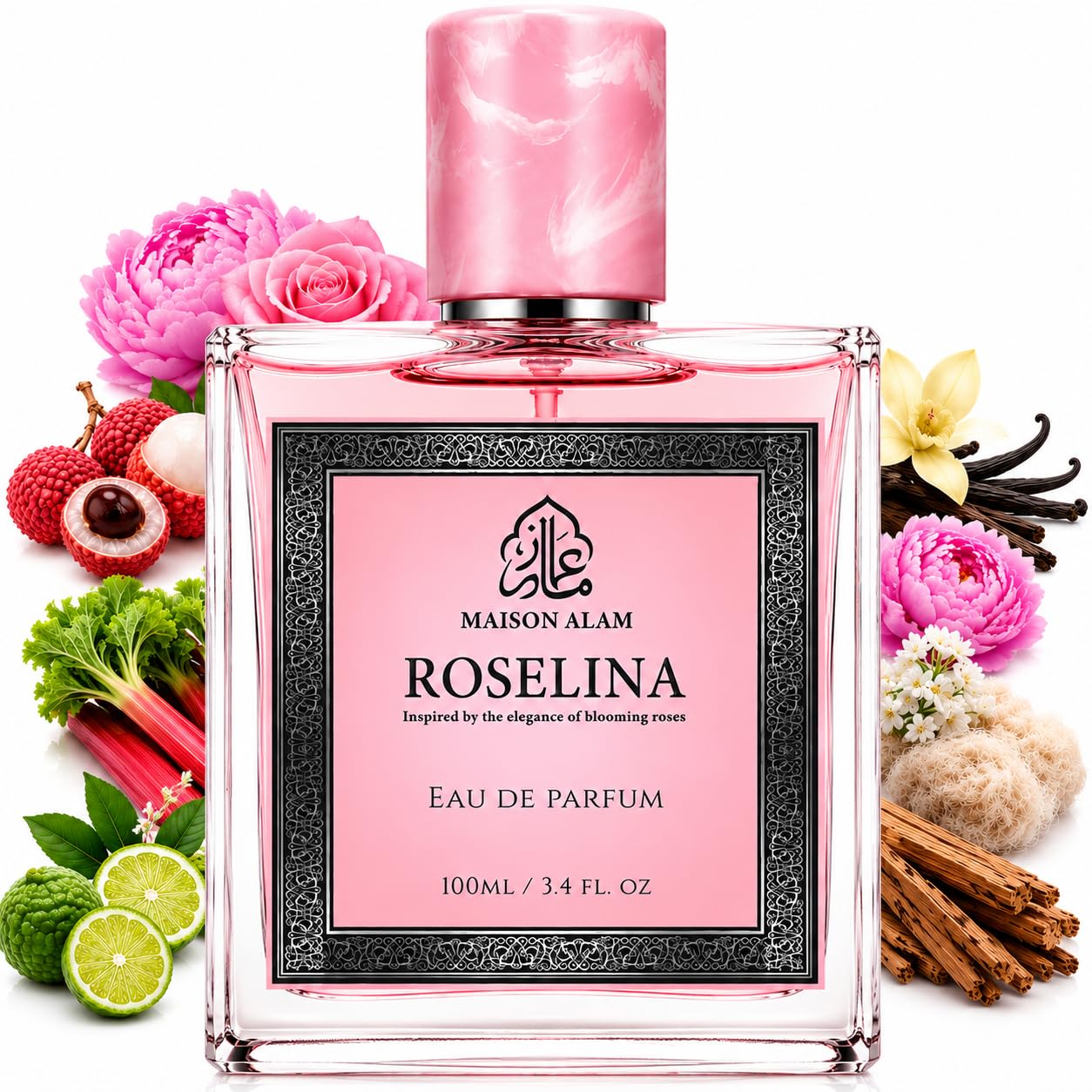Maison Alam Roselina Long Lasting Perfume for Women, Eau De Parfum, 100 ml | Floral Fruity Arabian Perfume for Women with Rose, Lychee, Rhubarb, Bergamot, Vanilla, Musk & Cashmeran Notes, Luxury Perfume