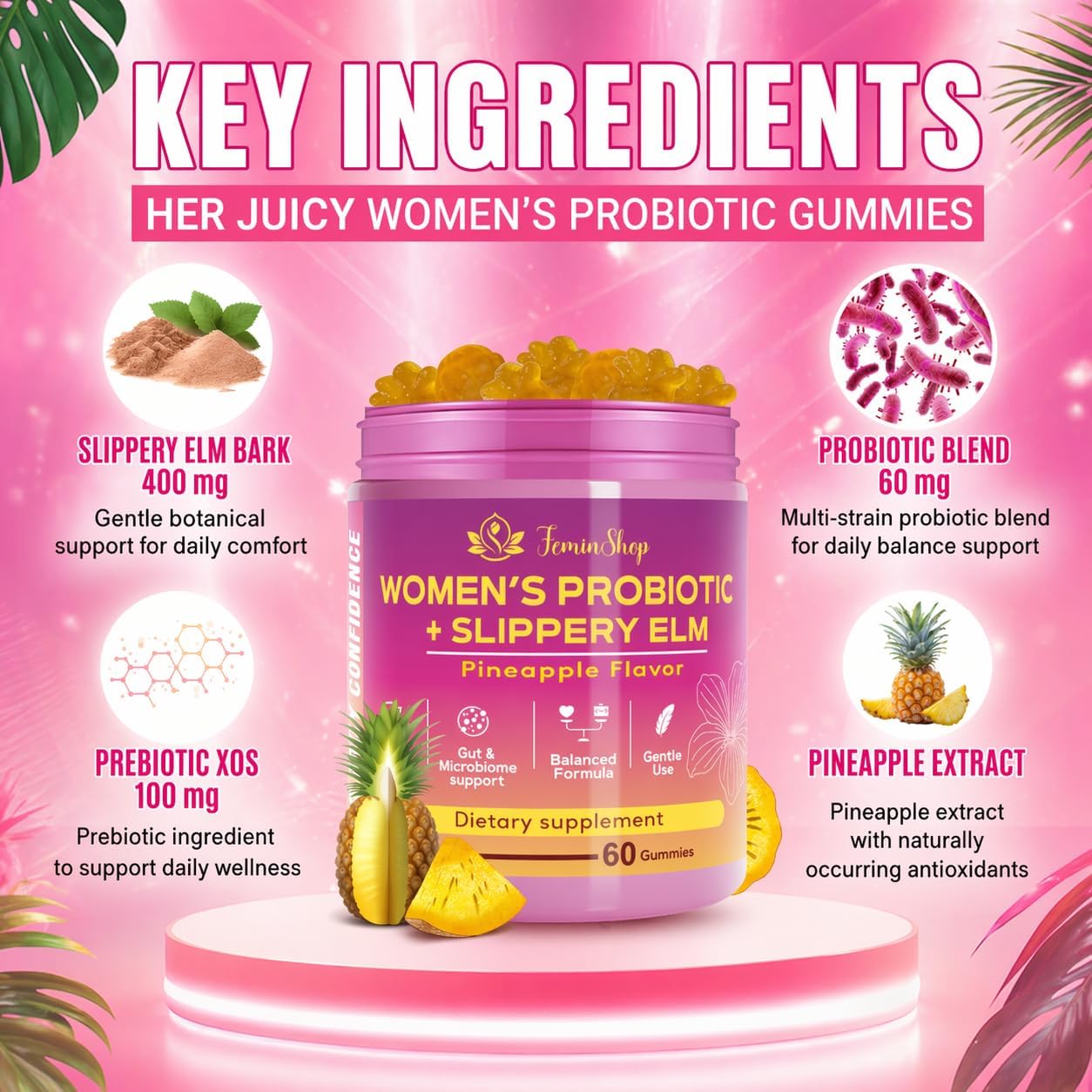 Her Juicy Women’s Probiotic Gummies with Slippery Elm & Prebiotic XOS, Lactobacillus Blend, Support pH Balance for Women, Pineapple Flavor, 60 Gummies