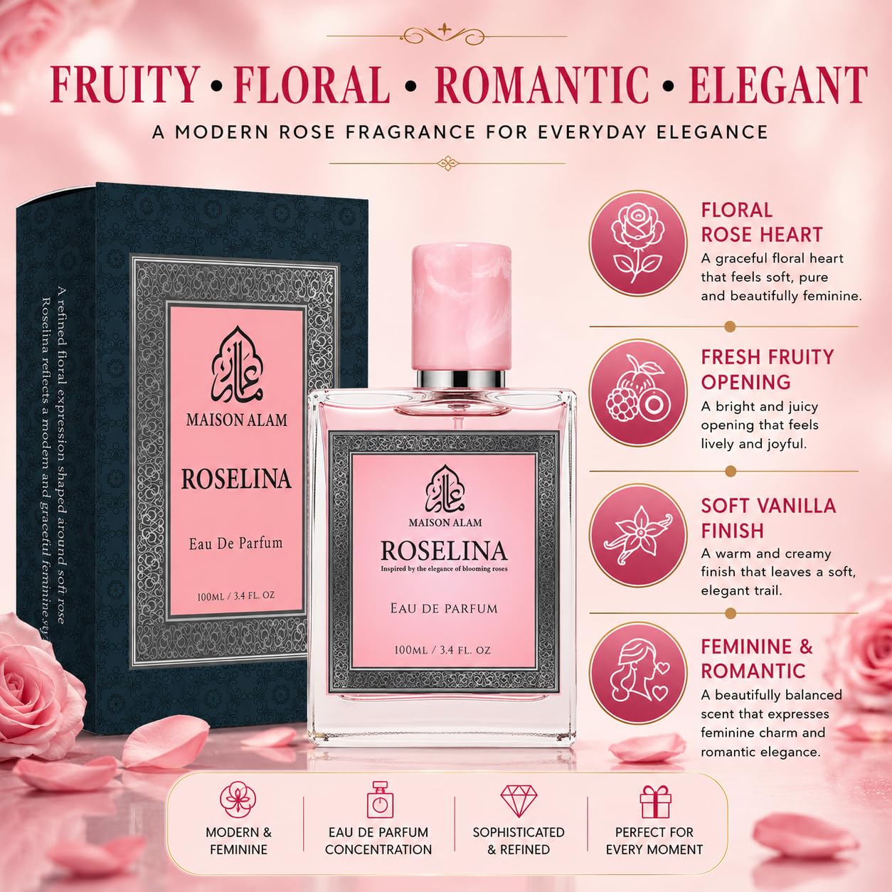 Maison Alam Roselina Long Lasting Perfume for Women, Eau De Parfum, 100 ml | Floral Fruity Arabian Perfume for Women with Rose, Lychee, Rhubarb, Bergamot, Vanilla, Musk & Cashmeran Notes, Luxury Perfume
