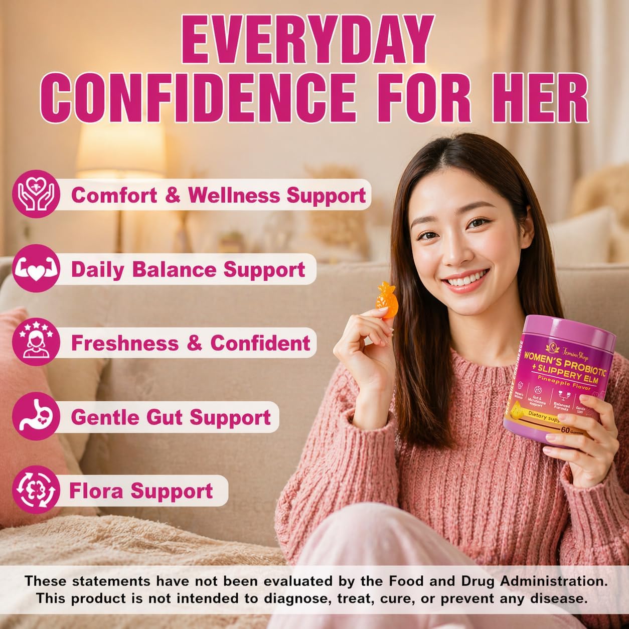 Her Juicy Women’s Probiotic Gummies with Slippery Elm & Prebiotic XOS, Lactobacillus Blend, Support pH Balance for Women, Pineapple Flavor, 60 Gummies
