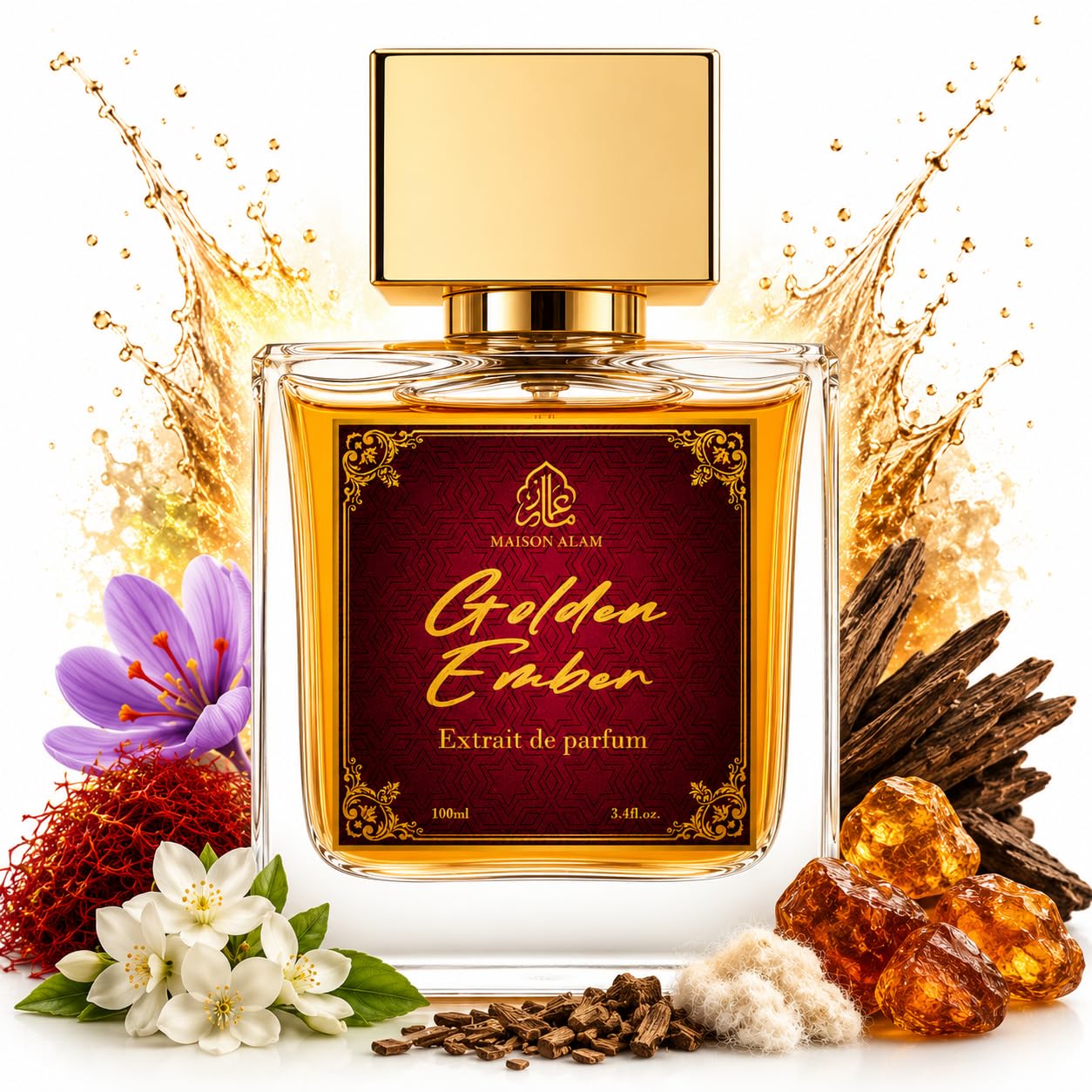 Maison Alam Golden Ember Unisex Arabian Perfume, Extrait de Parfum, 100 ml | Long Lasting Ambery Saffron Perfume for Men and Women, Summer Perfume with Saffron, Jasmine, Amberwood, Cedarwood & Musk