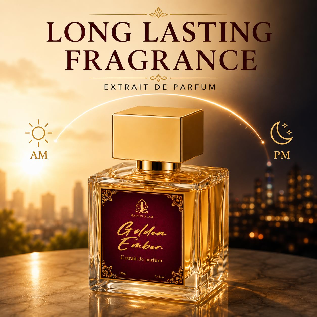 Maison Alam Golden Ember Unisex Arabian Perfume, Extrait de Parfum, 100 ml | Long Lasting Ambery Saffron Perfume for Men and Women, Summer Perfume with Saffron, Jasmine, Amberwood, Cedarwood & Musk