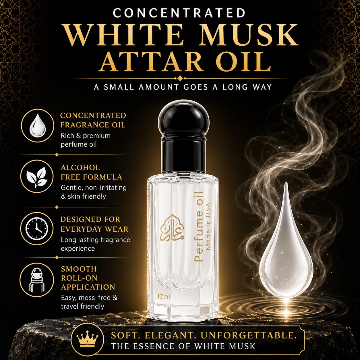 Maison Alam White Musk Attar Oil, Arabic Perfume Oil for Men and Women 12ml | Alcohol Free Long Lasting Roll On Perfume Oil with Vanilla Musk, Jasmine, Amber & Vetiver, Dubai Sourced Eau De Perfume Oil