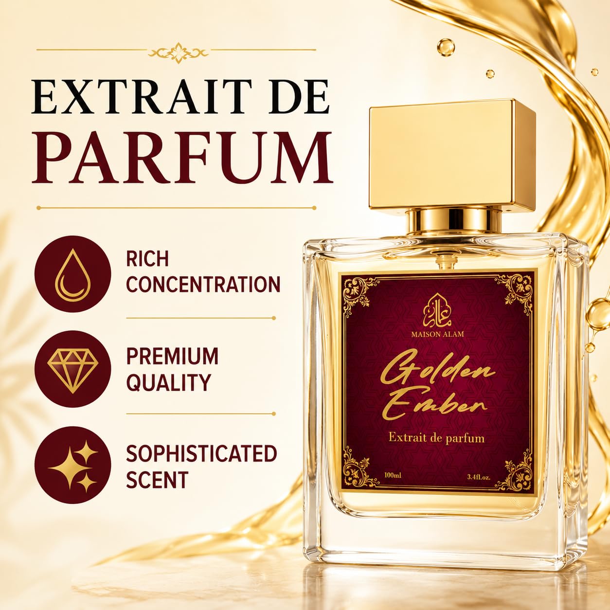 Maison Alam Golden Ember Unisex Arabian Perfume, Extrait de Parfum, 100 ml | Long Lasting Ambery Saffron Perfume for Men and Women, Summer Perfume with Saffron, Jasmine, Amberwood, Cedarwood & Musk