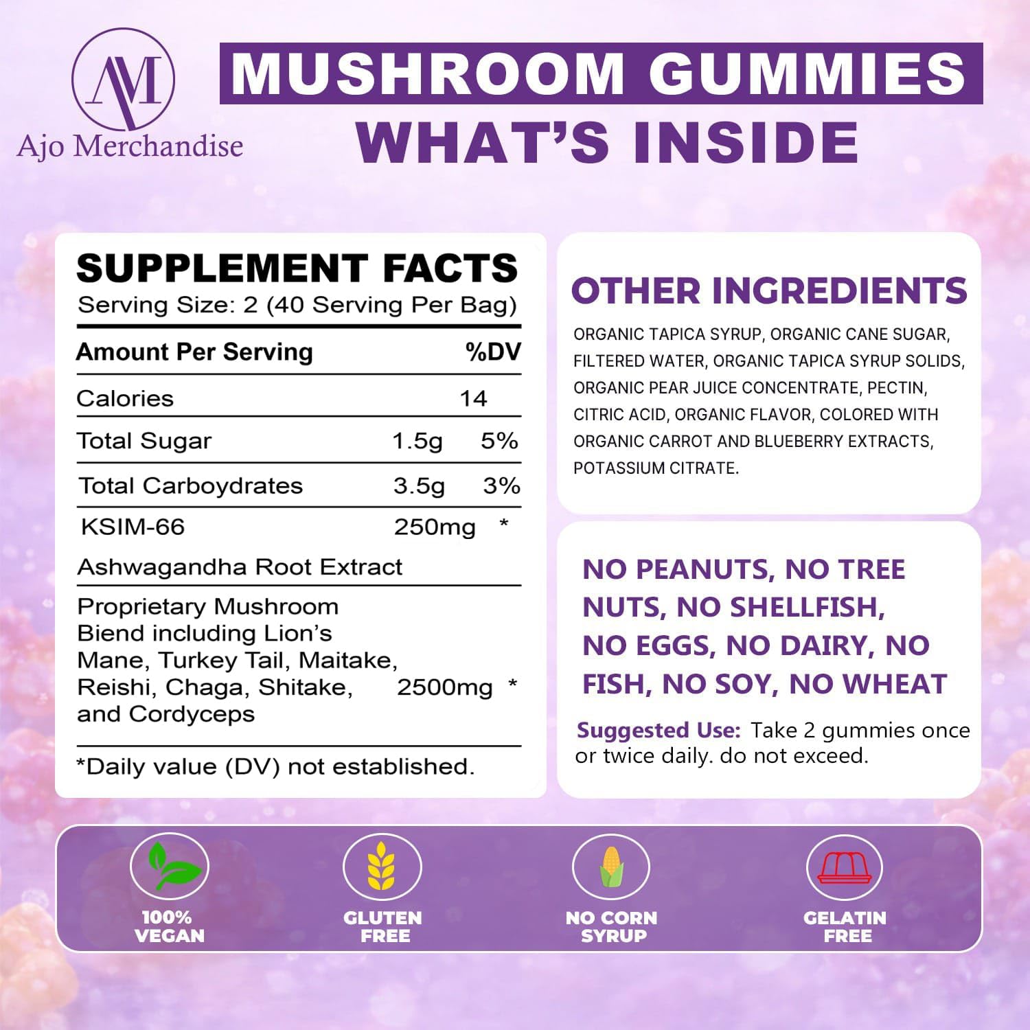 Lion's Mane Mushroom Gummies for Focus & Energy with KSM-66 Ashwagandha | 8-in-1 Mushroom Blend, 80 Count, with Reishi, Cordyceps, Turkey Tail, Chaga, Maitake & Shiitake, Low Carb Mixed Fruit Flavor