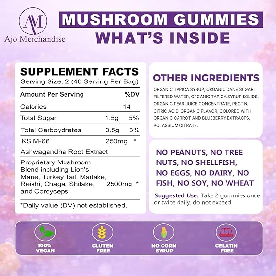 Ashwagandha & Mushroom Gummies, Lion’s Mane with Reishi, Cordyceps, Turkey Tail, Maitake, Shiitake & Chaga, Vegan Gummy Supplement, Gluten Free, Mixed Fruit Flavor, 80 Gummies