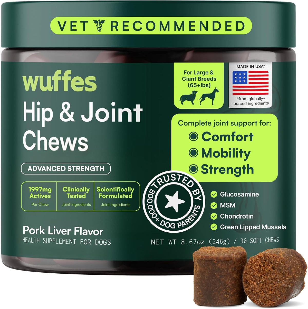 Wuffes Advanced Hip & Joint Chews for Large Breed Dogs, Vet Recommended, Glucosamine, Chondroitin, MSM, Green-Lipped Mussel, Hyaluronic Acid & Omega-3s. Supports Mobility & Flexibility. 30 Pork Chews