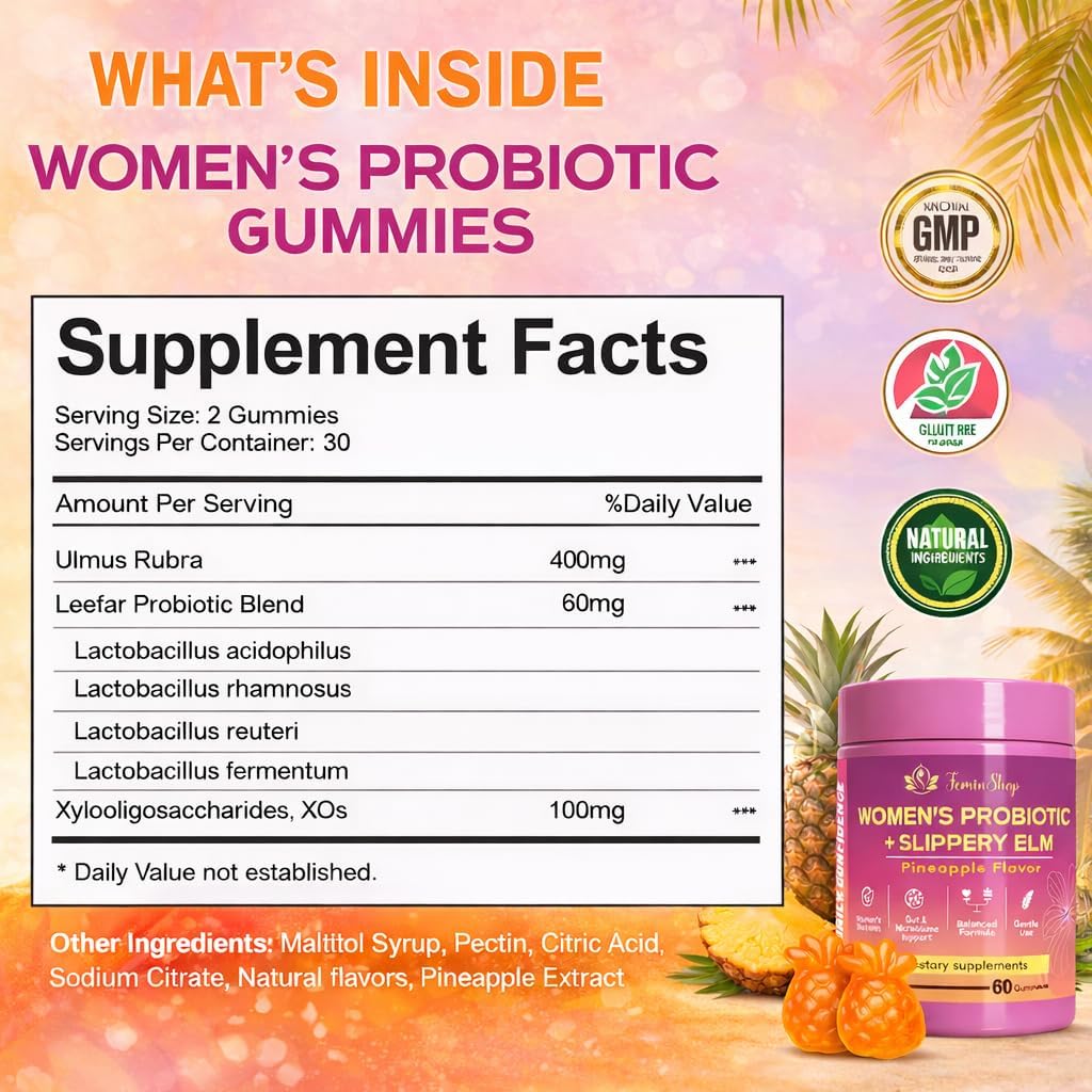 Her Juicy Women’s Probiotic Gummies with Slippery Elm & Prebiotic XOS, Lactobacillus Blend, Support pH Balance for Women, Pineapple Flavor, 60 Gummies