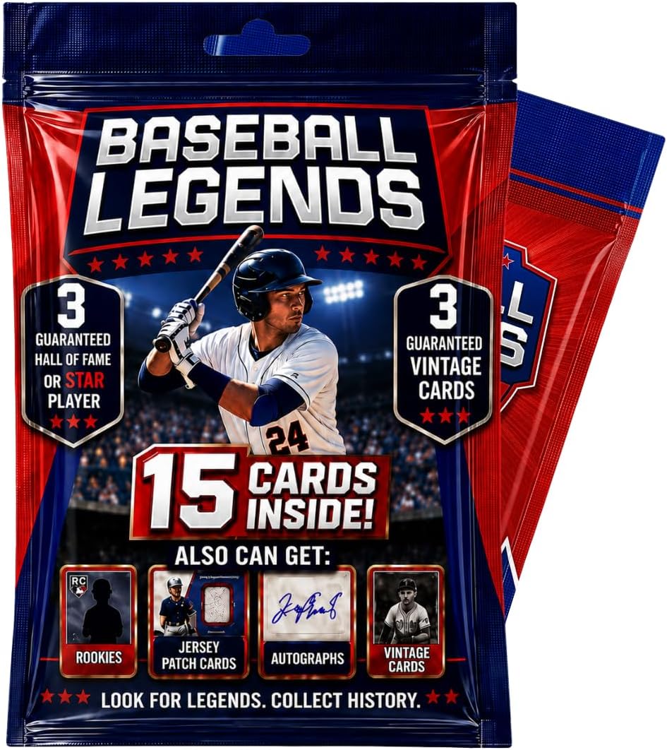 Baseball Card Legends Pack – 15 Cards Inside | 3 Guaranteed Stars or Hall of Famers + 3 Vintage Cards | Possible Rookies, Autographs, Jersey Patch & Insert Cards for Collectors