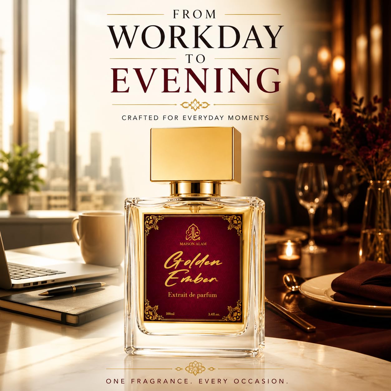 Maison Alam Golden Ember Unisex Arabian Perfume, Extrait de Parfum, 100 ml | Long Lasting Ambery Saffron Perfume for Men and Women, Summer Perfume with Saffron, Jasmine, Amberwood, Cedarwood & Musk