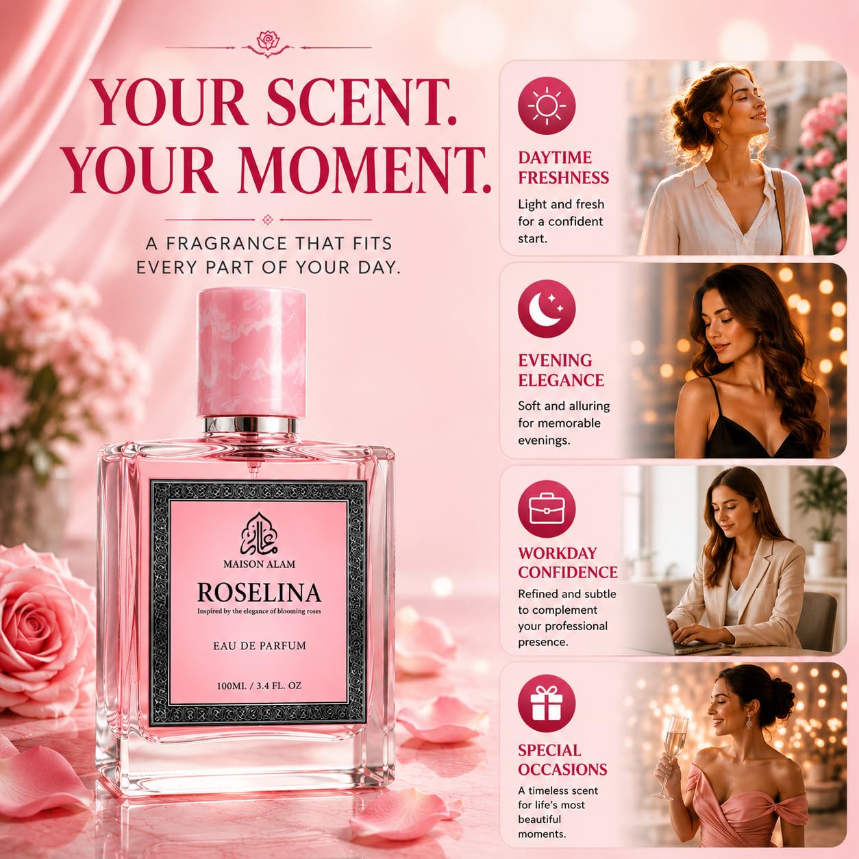 Maison Alam Roselina Long Lasting Perfume for Women, Eau De Parfum, 100 ml | Floral Fruity Arabian Perfume for Women with Rose, Lychee, Rhubarb, Bergamot, Vanilla, Musk & Cashmeran Notes, Luxury Perfume