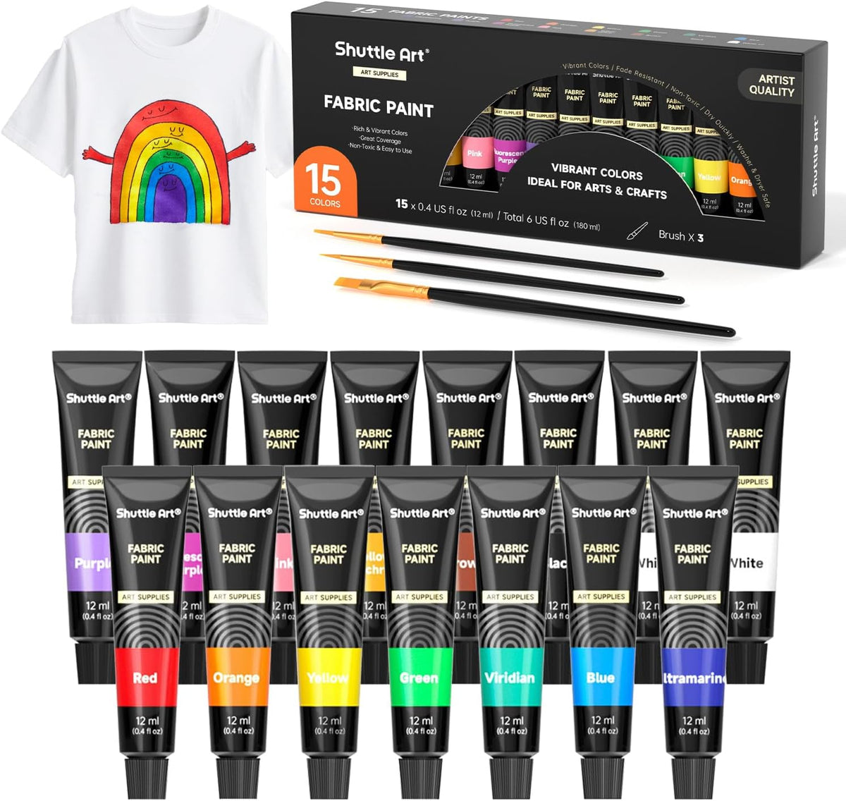 Shuttle Art Fabric Paint, 15 x 12ml Tubes Permanent Soft Fabric Paint with 3 Brushes, Non-Toxic Textile Paint for Clothes, T-Shirts, Shoes, Jeans, Bags, DIY Projects&Art, Ideal for Kids Adults Artists