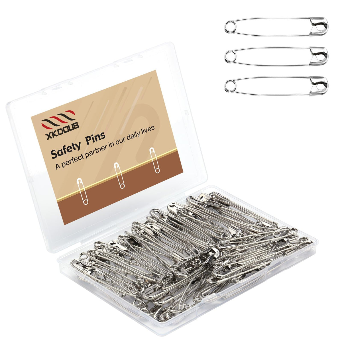 XKDOUS 150 Pack Safety Pins for Clothes 3 Universal Assorted Sizes, Silver