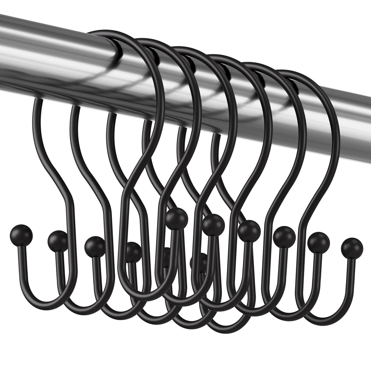 Titanker Black Shower Curtain Hooks Rings, Rust-Resistant Metal Double Glide Shower Hooks for Bathroom Shower Rods Curtains, Set of 12 Hooks - Matte Black