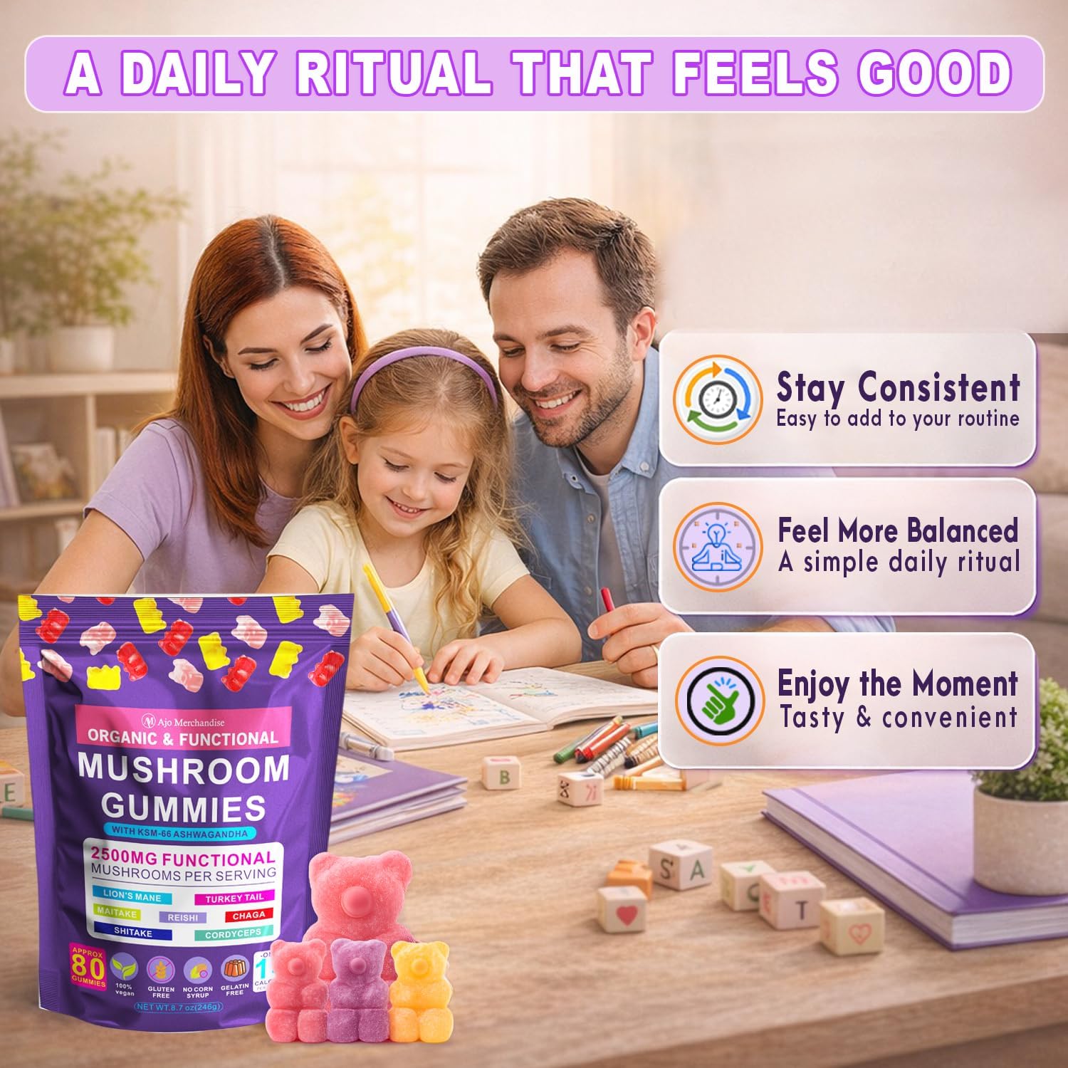 Lion's Mane Mushroom Gummies for Focus & Energy with KSM-66 Ashwagandha | 8-in-1 Mushroom Blend, 80 Count, with Reishi, Cordyceps, Turkey Tail, Chaga, Maitake & Shiitake, Low Carb Mixed Fruit Flavor