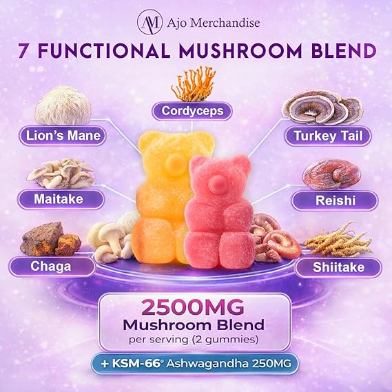 Ashwagandha & Mushroom Gummies, Lion’s Mane with Reishi, Cordyceps, Turkey Tail, Maitake, Shiitake & Chaga, Vegan Gummy Supplement, Gluten Free, Mixed Fruit Flavor, 80 Gummies