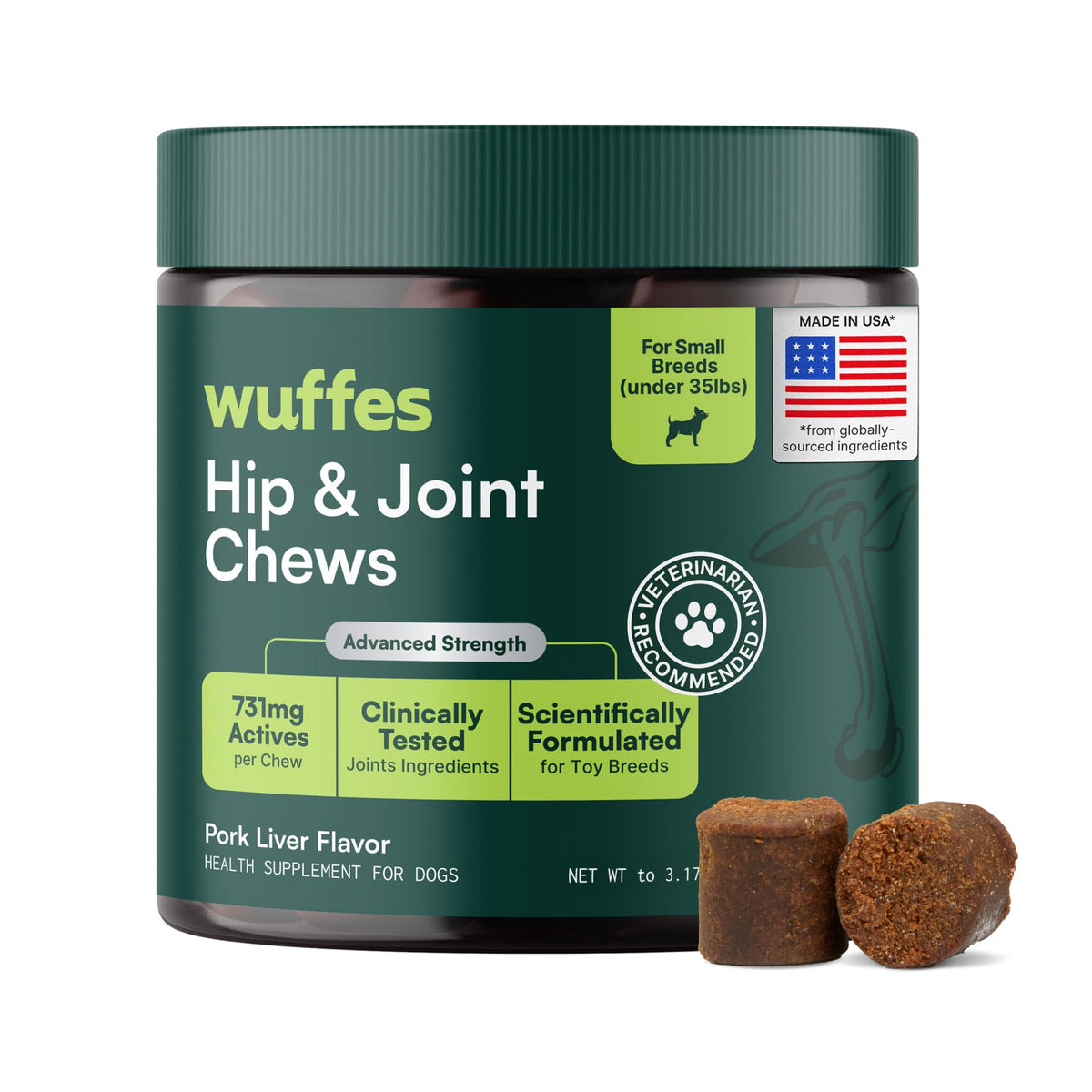 Wuffes Advanced Hip & Joint Chews for Large Breed Dogs, Vet Recommended, Glucosamine, Chondroitin, MSM, Green-Lipped Mussel, Hyaluronic Acid & Omega-3s. Supports Mobility & Flexibility. 30 Pork Chews