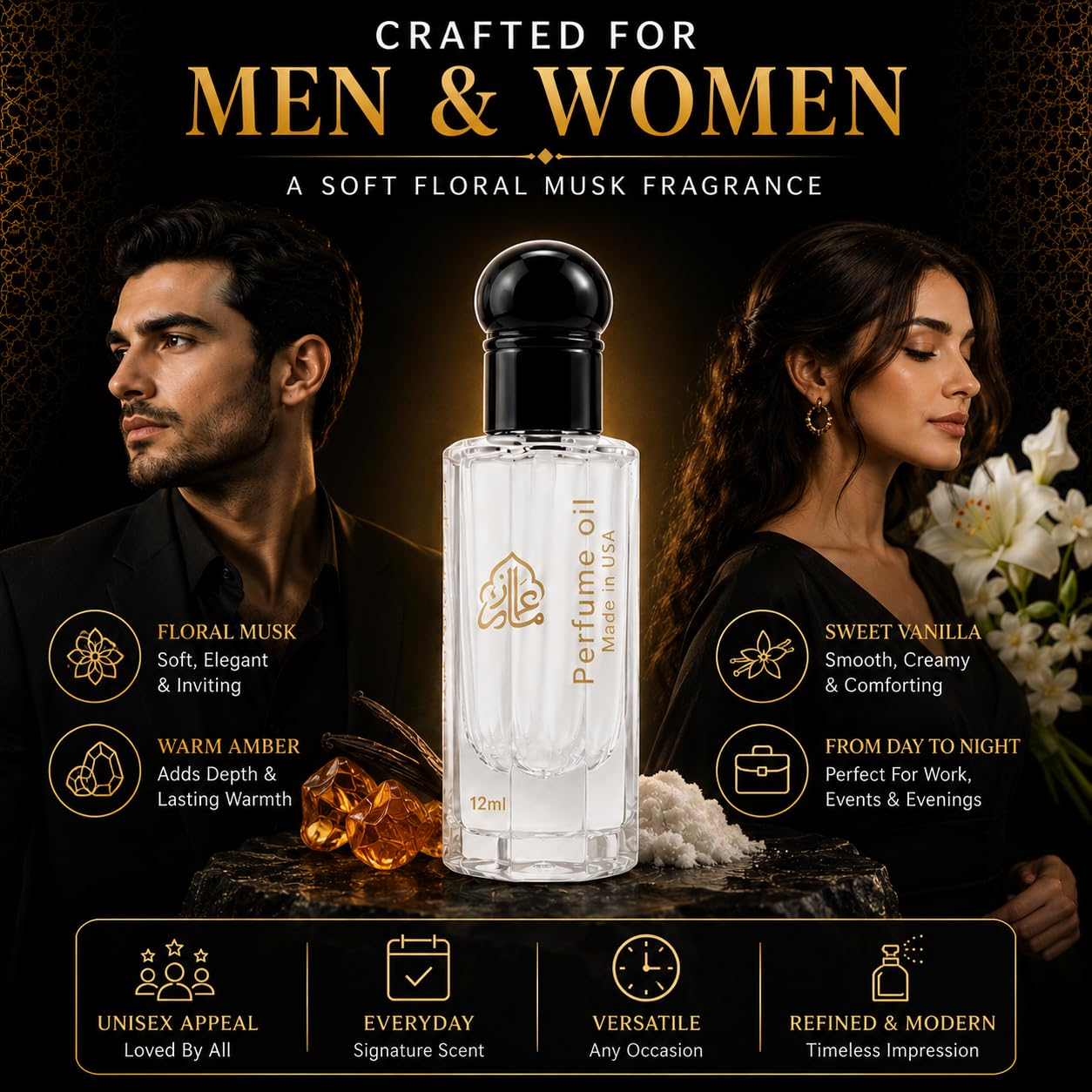 Maison Alam White Musk Attar Oil, Arabic Perfume Oil for Men and Women 12ml | Alcohol Free Long Lasting Roll On Perfume Oil with Vanilla Musk, Jasmine, Amber & Vetiver, Dubai Sourced Eau De Perfume Oil
