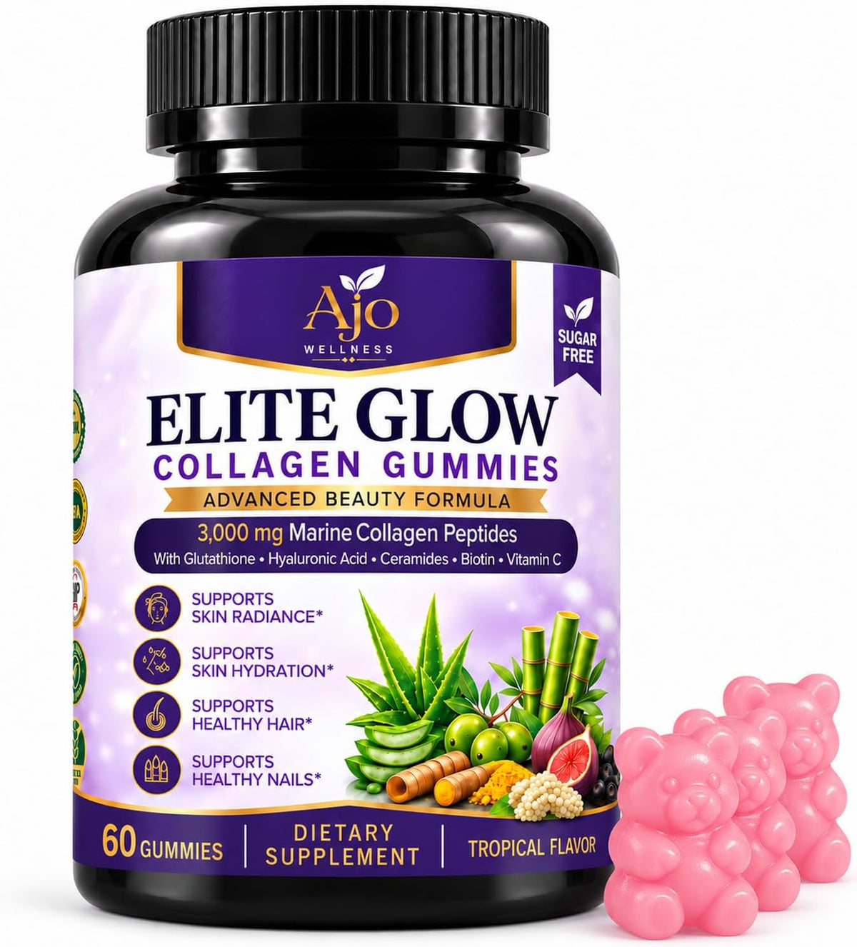 Elite Glow 3000mg Marine Collagen Peptides Gummies, Sugar-Free, 60 Count