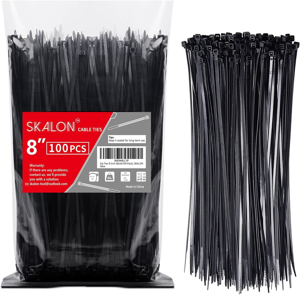 Zip Ties 8 inch (100 Pack), 40lbs Tensile Strength, Black Cable Ties, Wire Ties for indoor and outdoor use, by Skalon