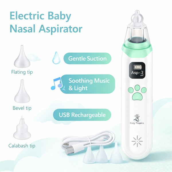 Cozy Tropics Electric Baby Nasal Aspirator, USB Rechargeable Nose Cleaner for Newborn & Toddler, 3 Adjustable Suction Levels, Soft Silicone Tips, Built-in Music & Light, Easy to Clean Baby Nose Sucker