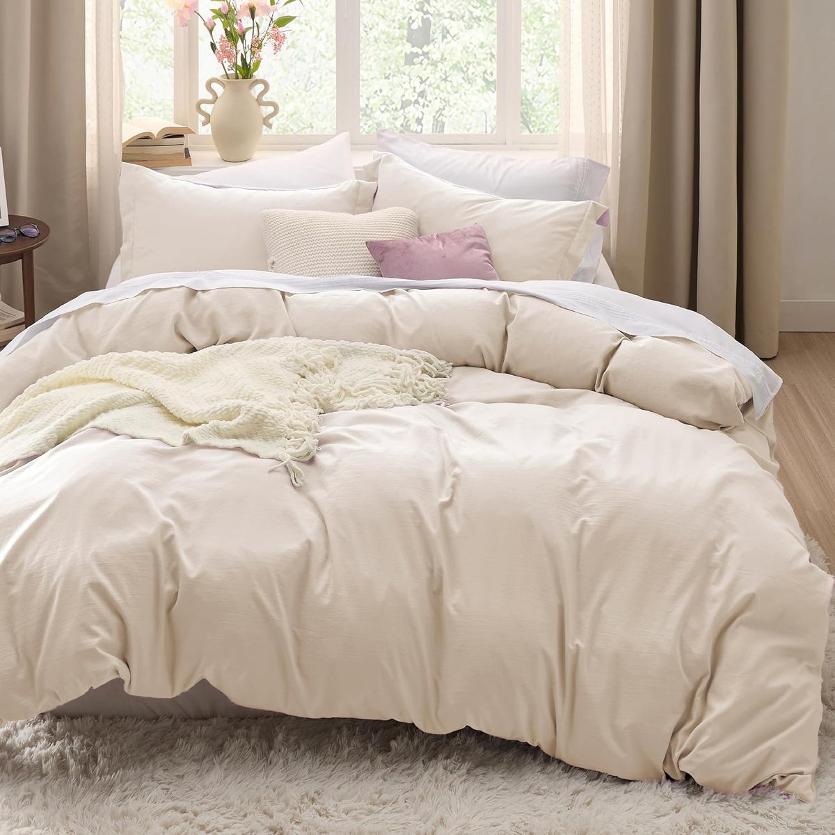 Bedsure Prewashed Duvet Cover King, Cotton-Like Soft Bedding Set, Beige