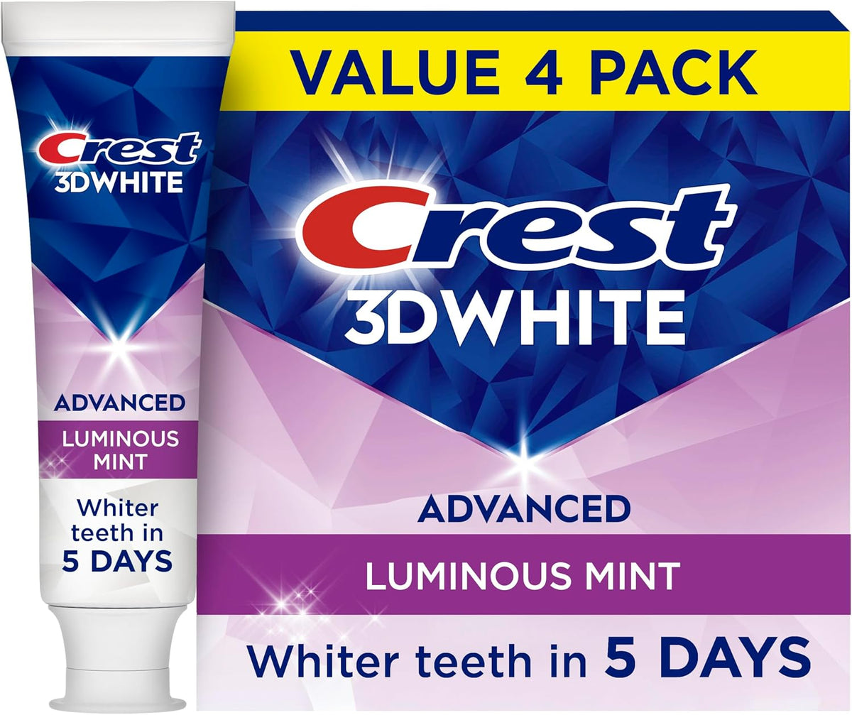 Crest 3D White Advanced Toothpaste, Luminous Mint, 3.7 oz (Pack of 4), Whiter Teeth in 5 Days, Enamel Safe Fluoride Toothpaste for Cavity Protection and Stain Removal