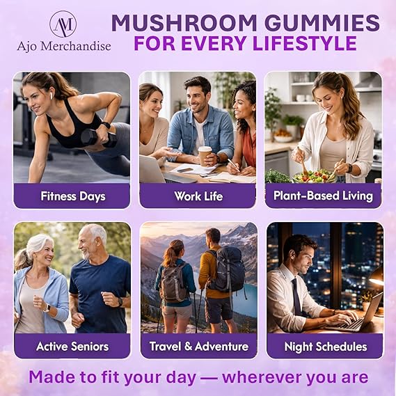 Ashwagandha & Mushroom Gummies, Lion’s Mane with Reishi, Cordyceps, Turkey Tail, Maitake, Shiitake & Chaga, Vegan Gummy Supplement, Gluten Free, Mixed Fruit Flavor, 80 Gummies