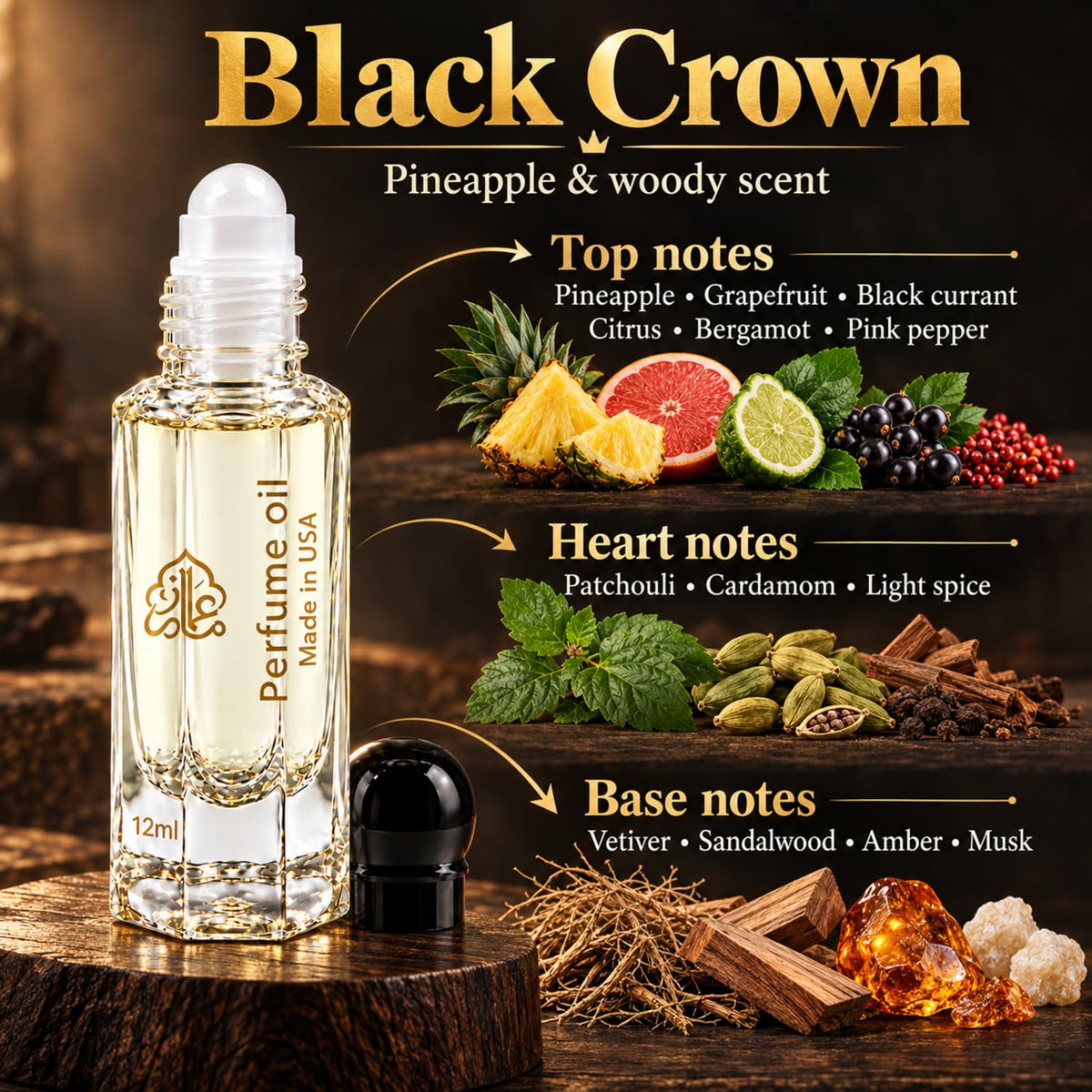 Maison Alam Black Crown Roll On Cologne for Men, Pineapple & Woody Scent, Long-Lasting, Alcohol-Free Men Body Oil with a Strong Scent, Travel-Friendly 12ml Roller with Vetiver, Sandalwood, Amber Musk