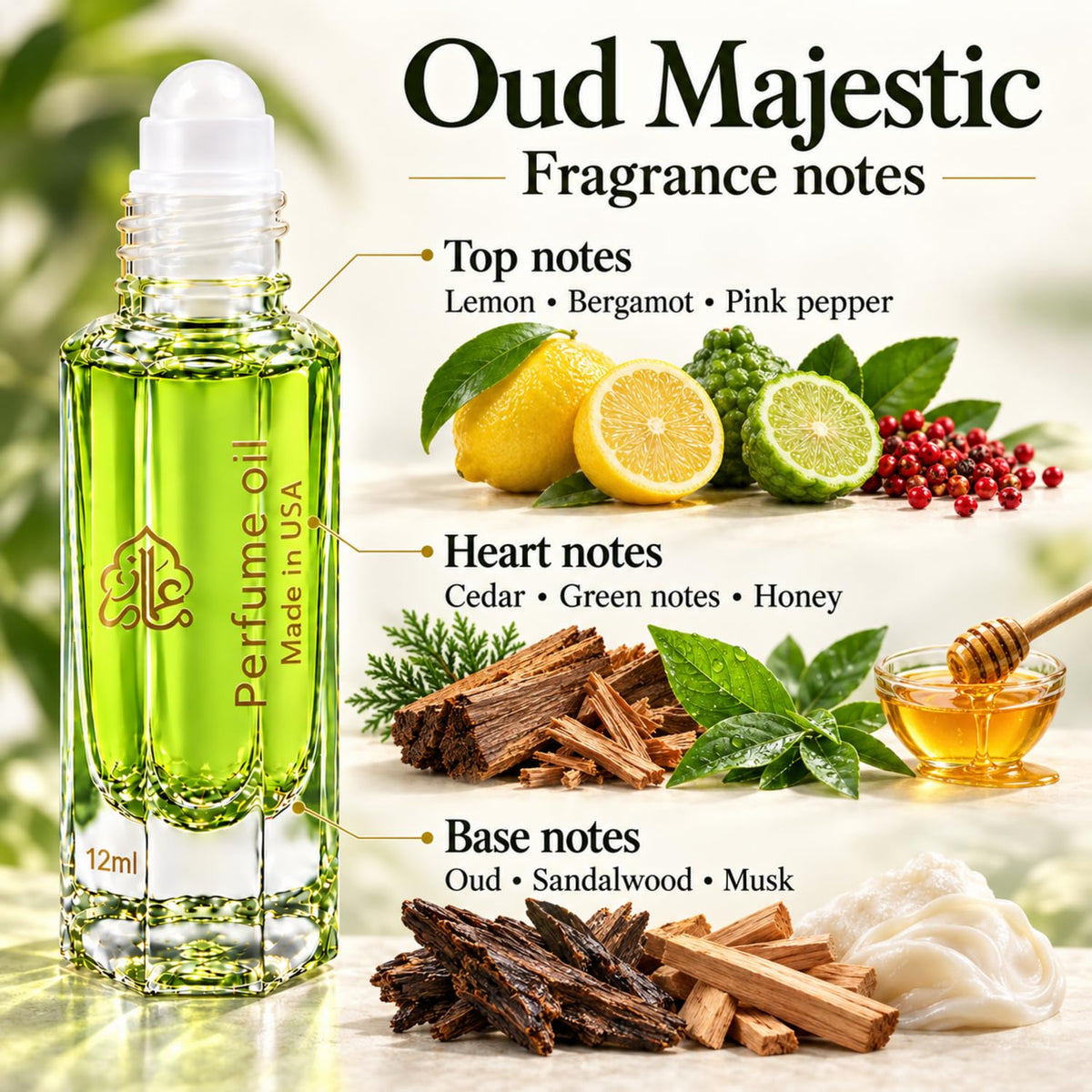 Maison Alam Oud Majestic Roll On Perfume Oil, Fresh Citrus & Woody Scent, Long-Lasting, Alcohol-Free Honey Oud Oil with Strong Scent, 12ml Body Oil for Men & Women, Lemon, Bergamot, Sandalwood & Musk