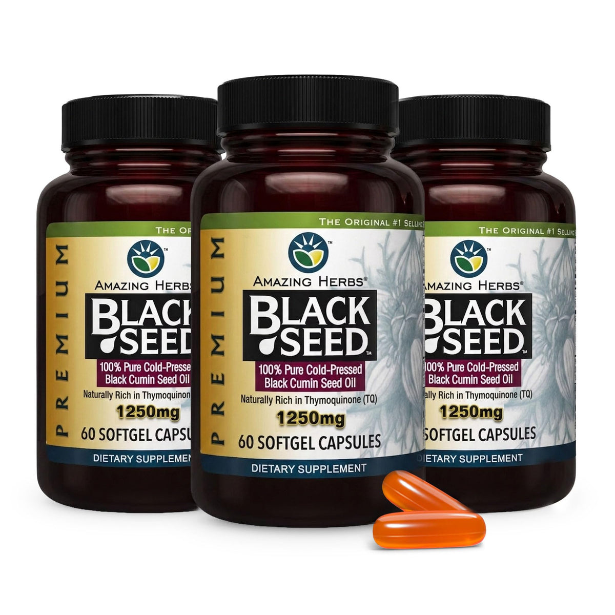 Amazing Herbs Premium Black Seed Oil - 60 Count Softgels, 1250mg