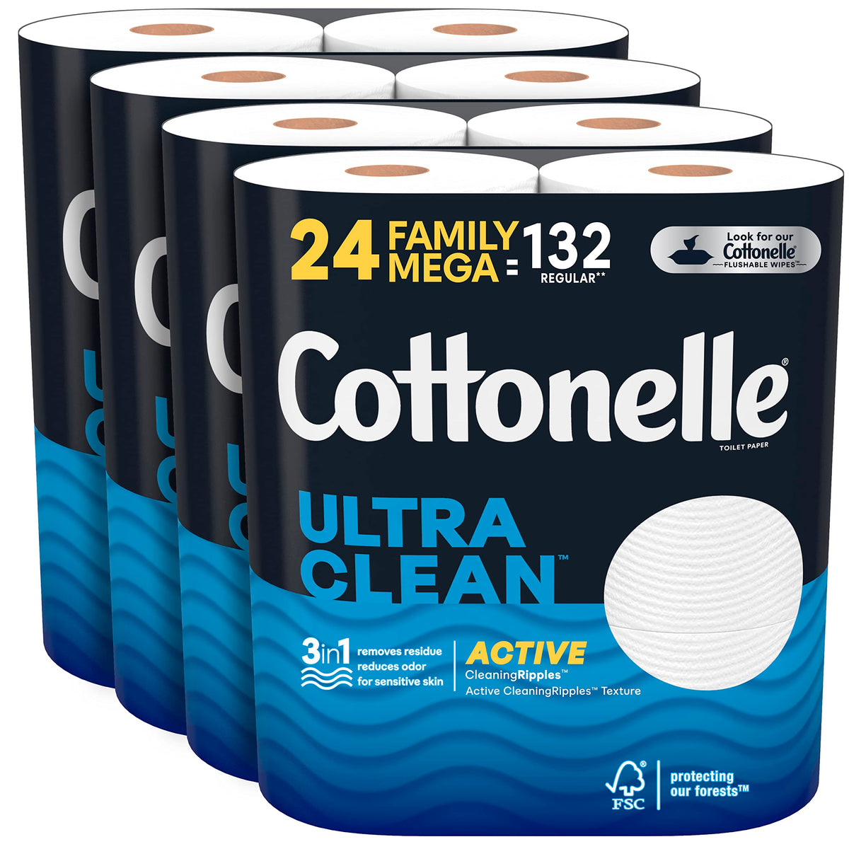 Cottonelle Ultra Clean Toilet Paper, 24 Family Mega Rolls=132 Regular Rolls