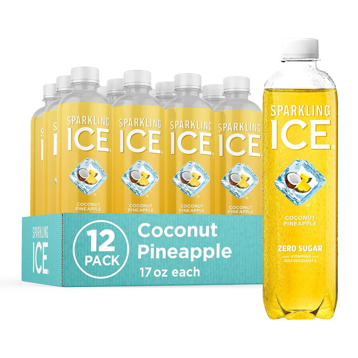 Sparkling Ice, Coconut Pineapple Sparkling Water, Zero Sugar Flavored Water, with Vitamins and Antioxidants, Low Calorie Beverage, 17 fl oz Bottles (Pack of 12)