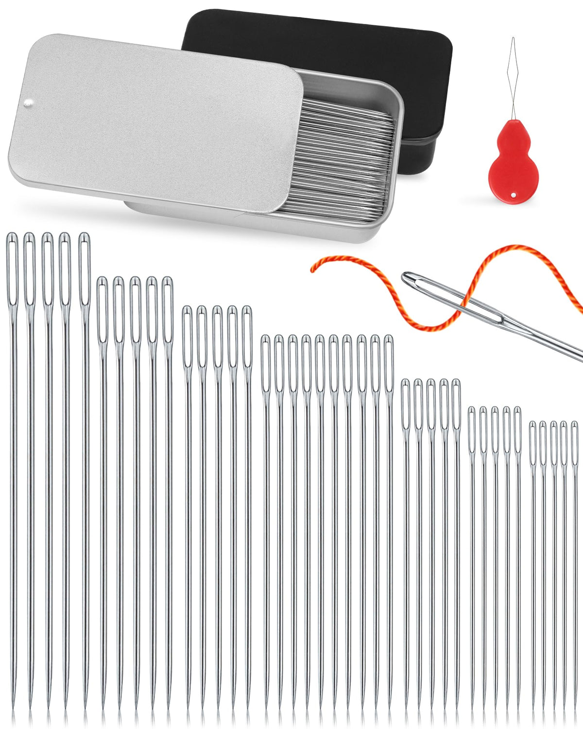 FIVEIZERO 80/40 PCS Premium Stainless Steel Sewing Needles, 7 Sizes Large Eye Sewing Sharp Needles, Leather Needle Embroidery Thread Needle with Threaders for Handsewing Art Crafts