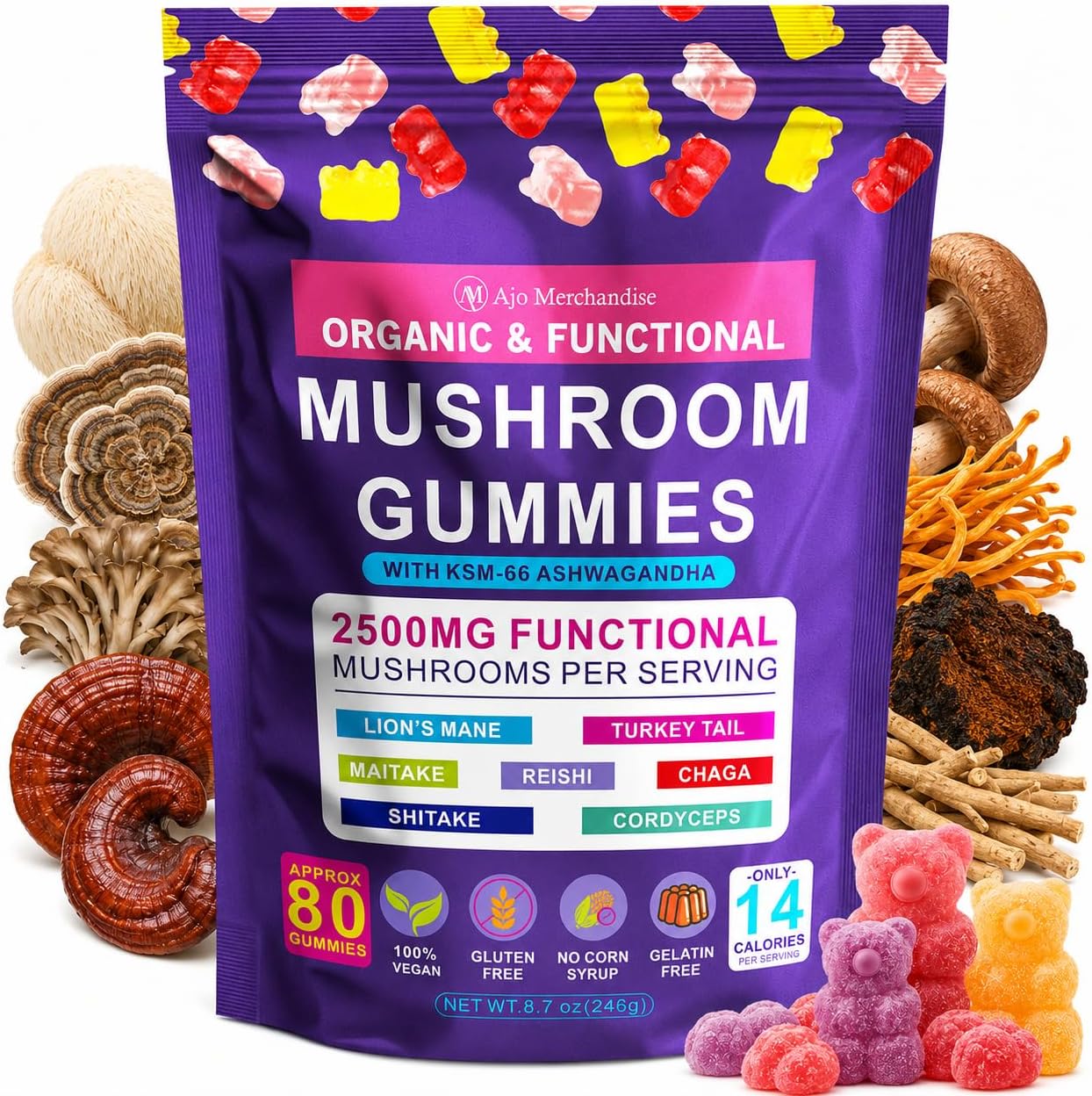 Lion's Mane Mushroom Gummies for Focus & Energy with KSM-66 Ashwagandha | 8-in-1 Mushroom Blend, 80 Count, with Reishi, Cordyceps, Turkey Tail, Chaga, Maitake & Shiitake, Low Carb Mixed Fruit Flavor