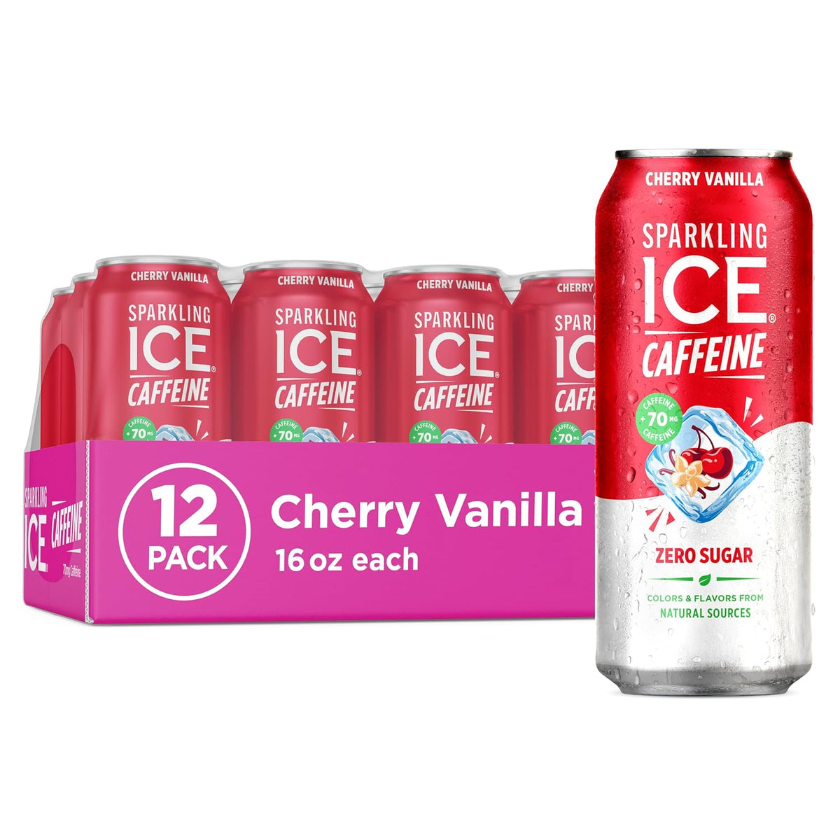 Sparkling Ice Caffeine Cherry Vanilla Sparkling Water with Caffeine, Zero Sugar, with Antioxidants and Vitamins,16 fl oz Cans (Pack Of 12)