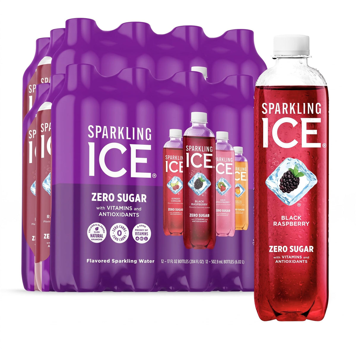 Sparkling Ice Purple Variety Pack, Flavored Water, Zero Sugar, with Vitamins and Antioxidants, 17 fl oz, 12 count (Black Raspberry, Cherry Limeade, Orange Mango, Kiwi Strawberry)