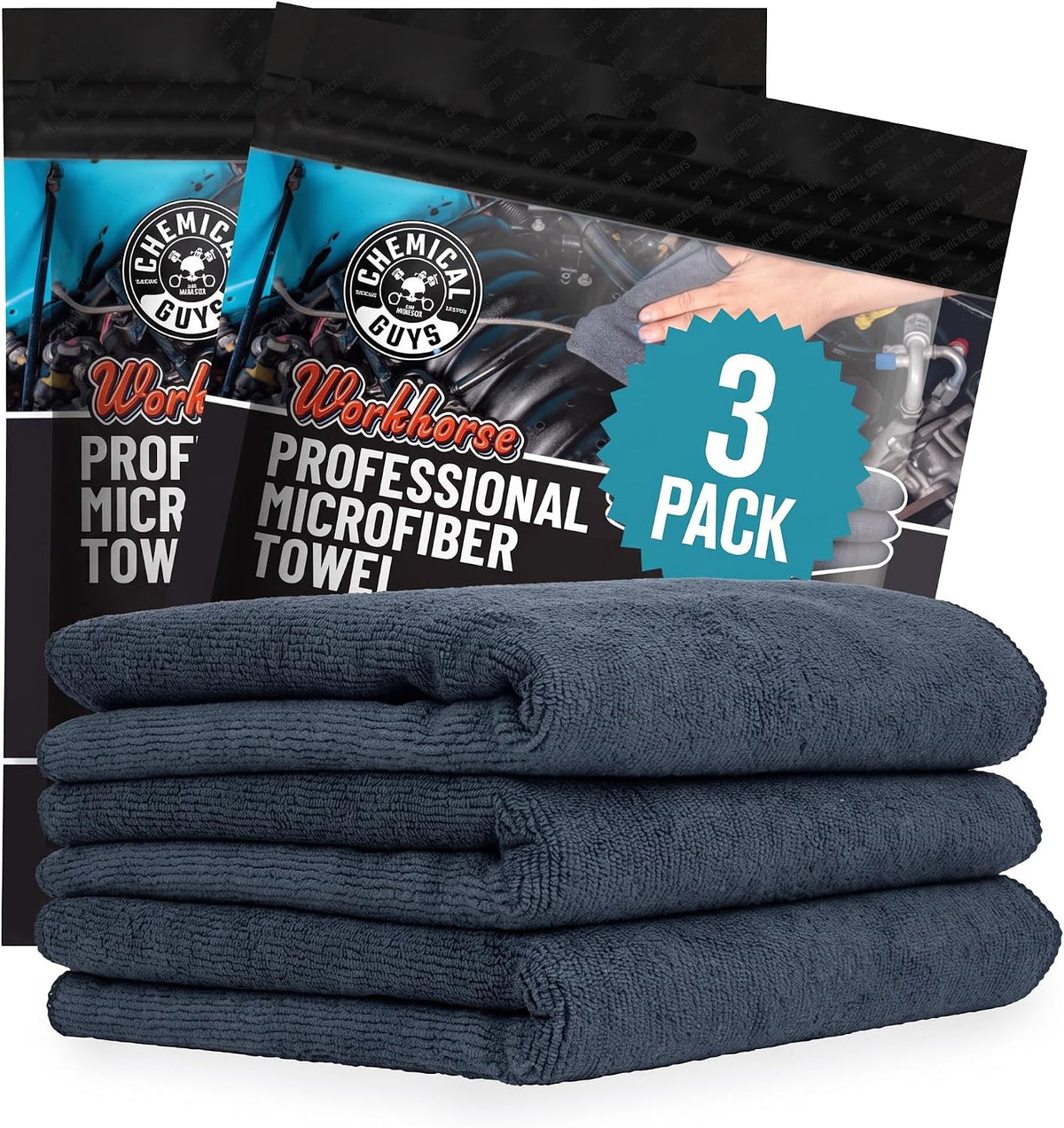 Chemical Guys, Workhorse Plush Microfiber Towels, 16 x 16 in, Black, 3 Pack