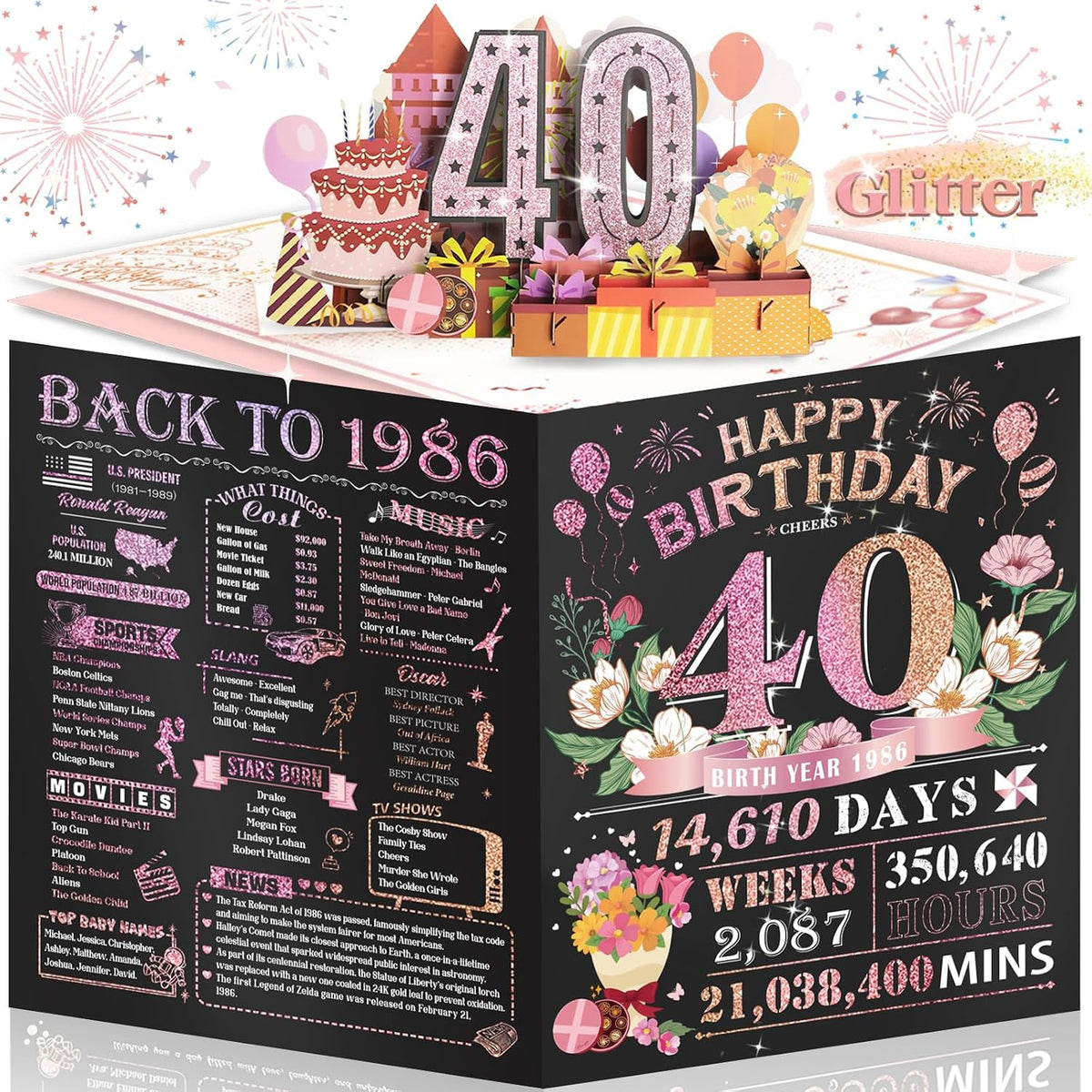 40th Birthday Card for Women Her, Jumbo Pop Up 40th Birthday Cards for Wife Mom, Happy 40th Birthday Decorations for 40 Year Old Women Funny Birthday Gifts, Back To 1986, Pink