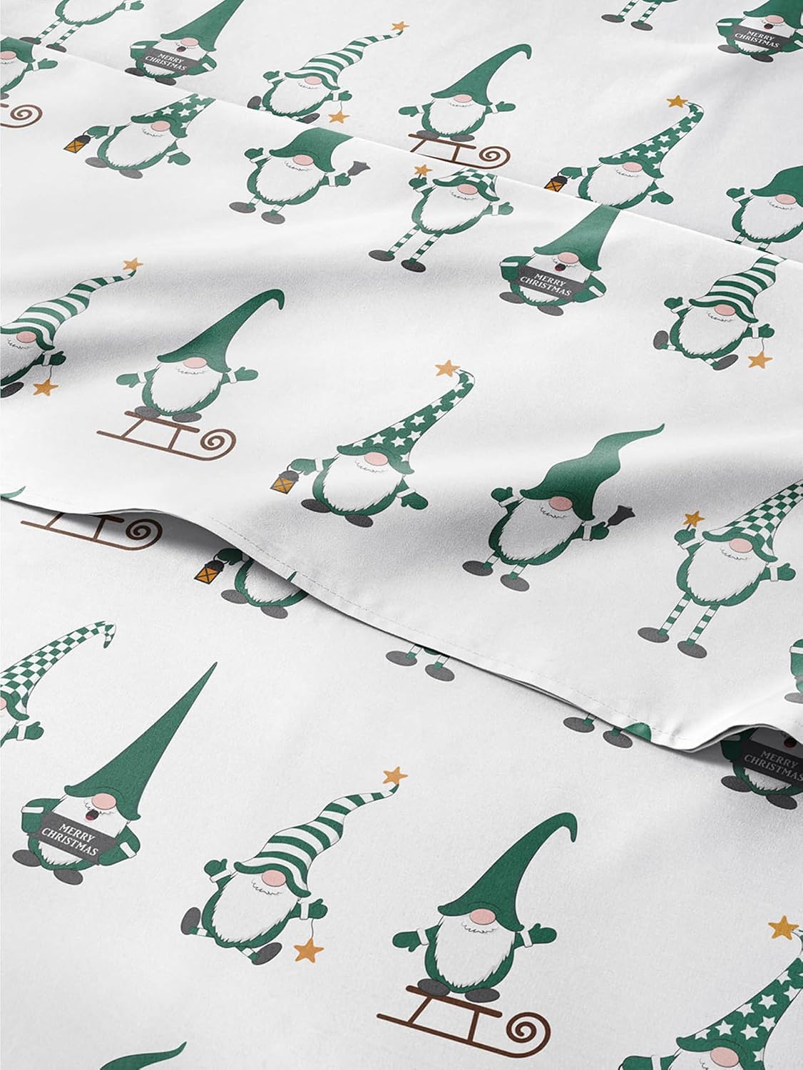 Twin Christmas Gnome Green Sheet Set - Holiday Xmas Pattern Linen Set - Deep Pockets - Snug Fit - 3 Piece - Wrinkle Free - Comfy & Cooling Festive Winter Bedding - Easy To Care For - Kid Friendly