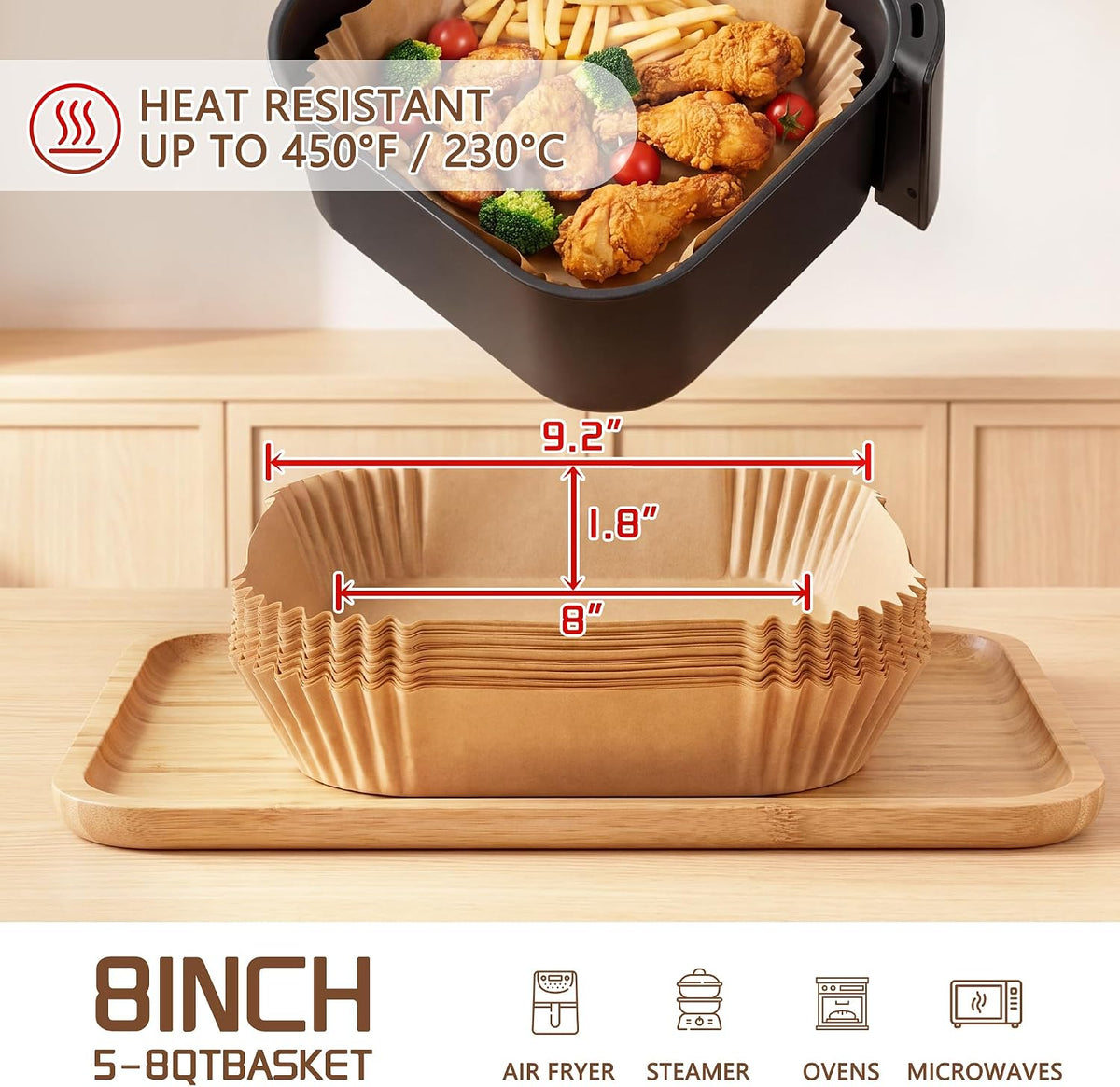 Disposable Air Fryer Liners 8 In, 125 Pcs, Square Liners for 5-8 QT