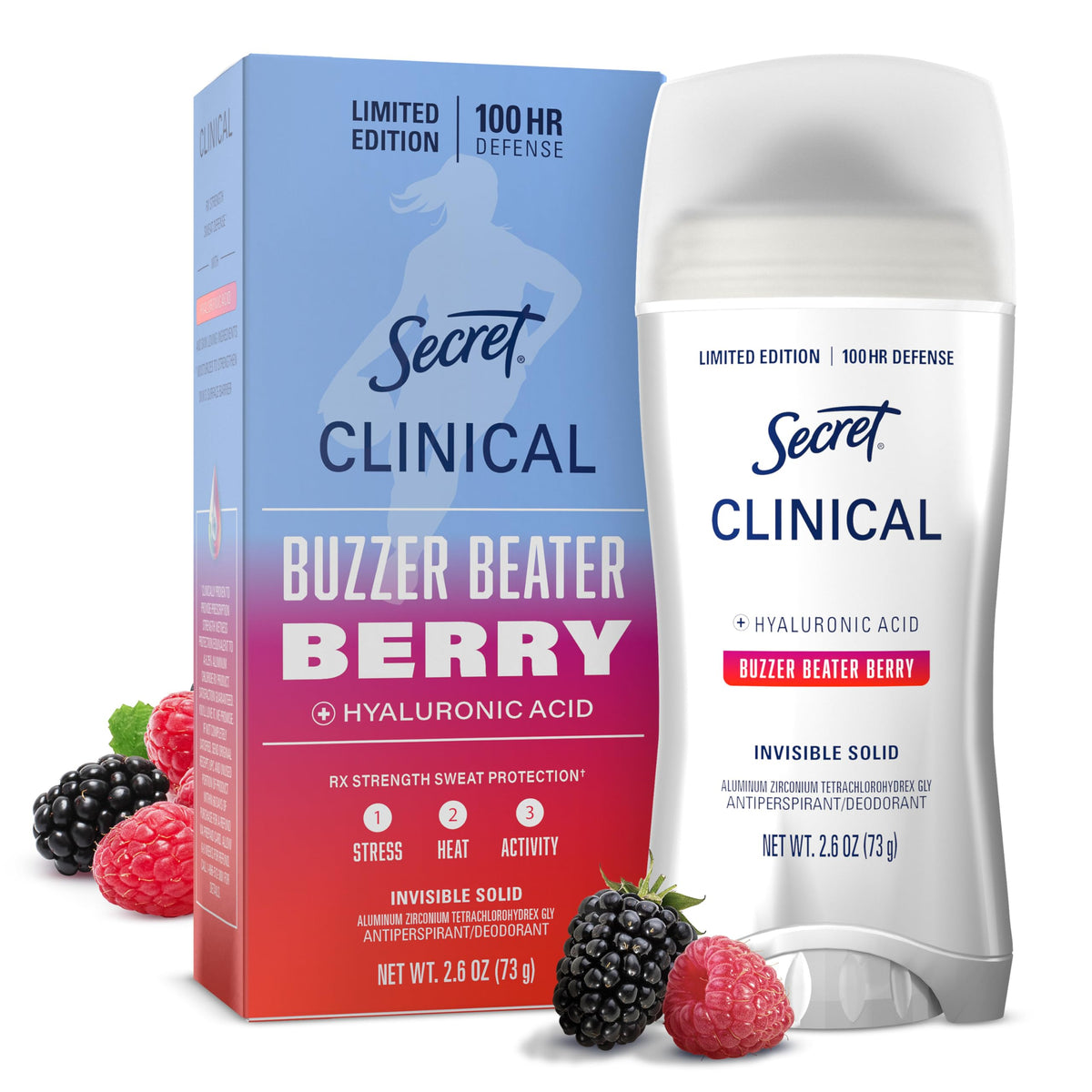 Secret Clinical Strength 100HR Antiperspirant Deodorant for Women, 3X Sweat & Odor Protection vs. Ordinary Antiperspirant, Hyaluronic Acid, Completely Clean, Invisible Solid 2.6 oz