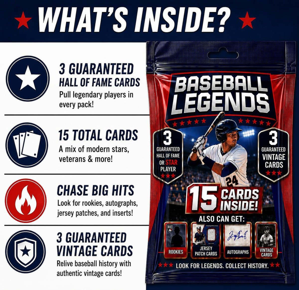 Baseball Card Legends Pack – 15 Cards Inside | 3 Guaranteed Stars or Hall of Famers + 3 Vintage Cards | Possible Rookies, Autographs, Jersey Patch & Insert Cards for Collectors